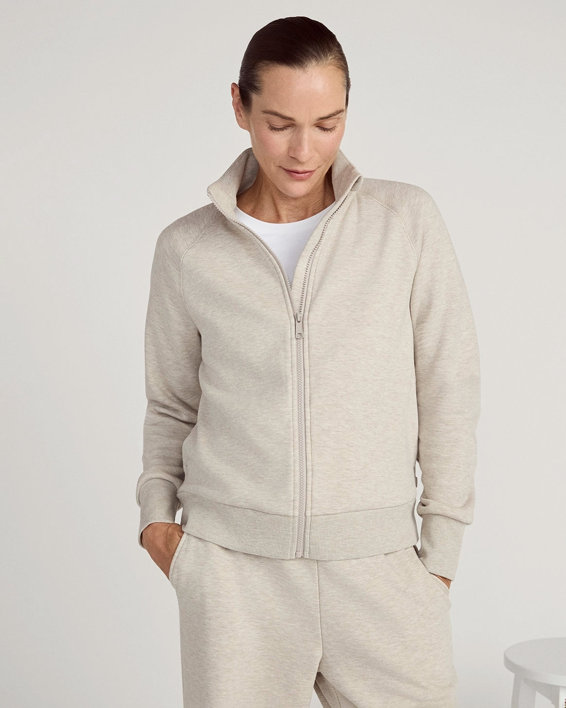 The Soft Luxe GRS Certified Recycled Poly + Organic Cotton Full Zip - Nacreous Clouds Htr Cream