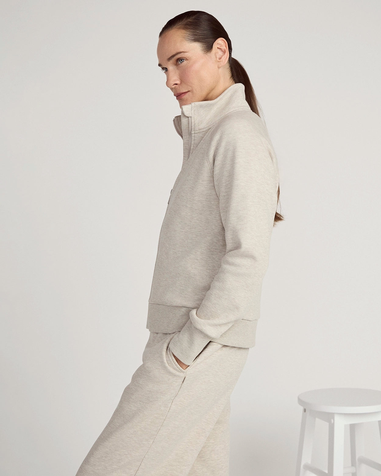 The Soft Luxe GRS Certified Recycled Poly + Organic Cotton Full Zip - Nacreous Clouds Htr Cream