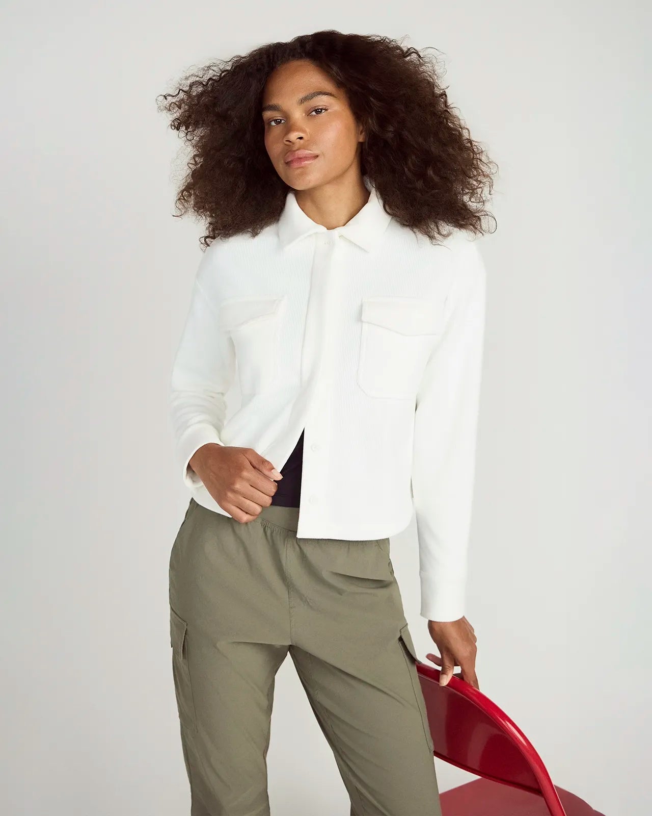 The Warm Stretch GRS Certified Recycled Polyester Cropped Corduroy Shirt - White