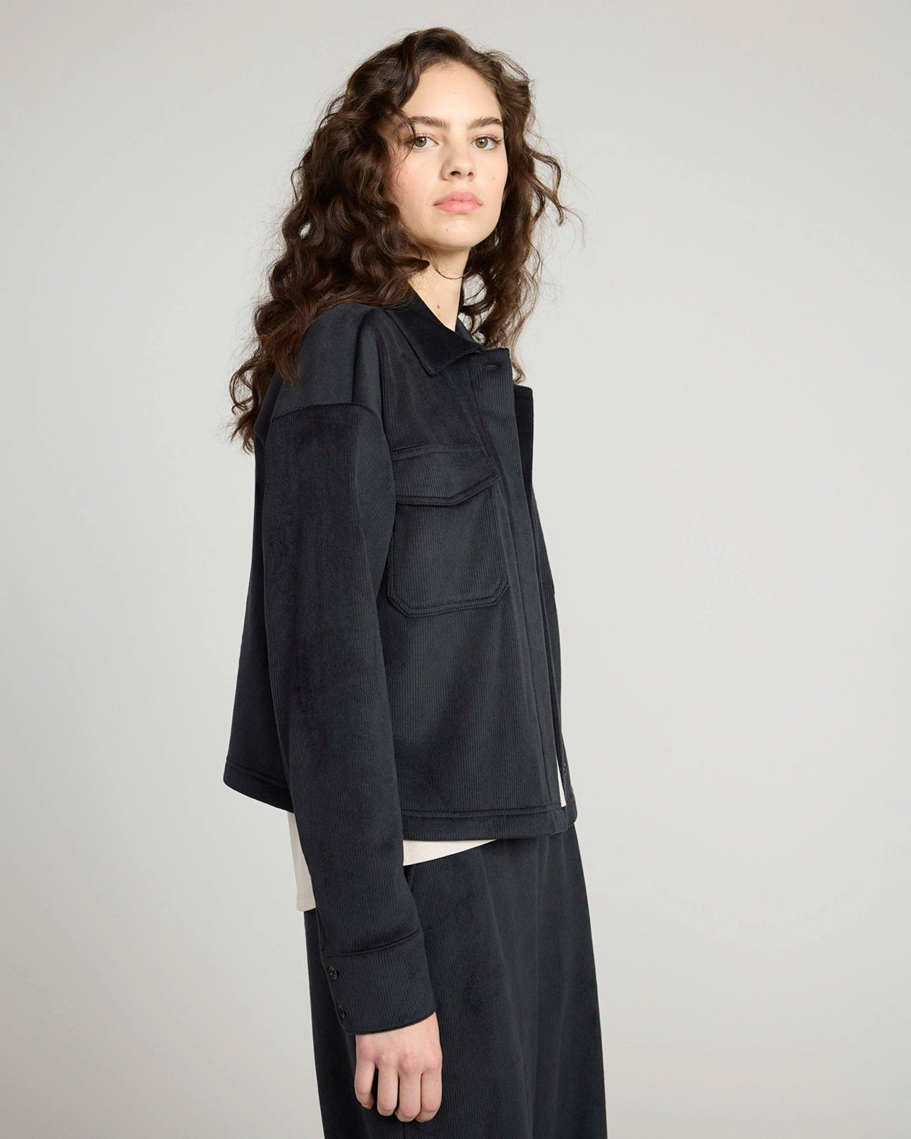 The Warm Stretch GRS Certified Recycled Poly Cropped Corduroy Shirt - Black