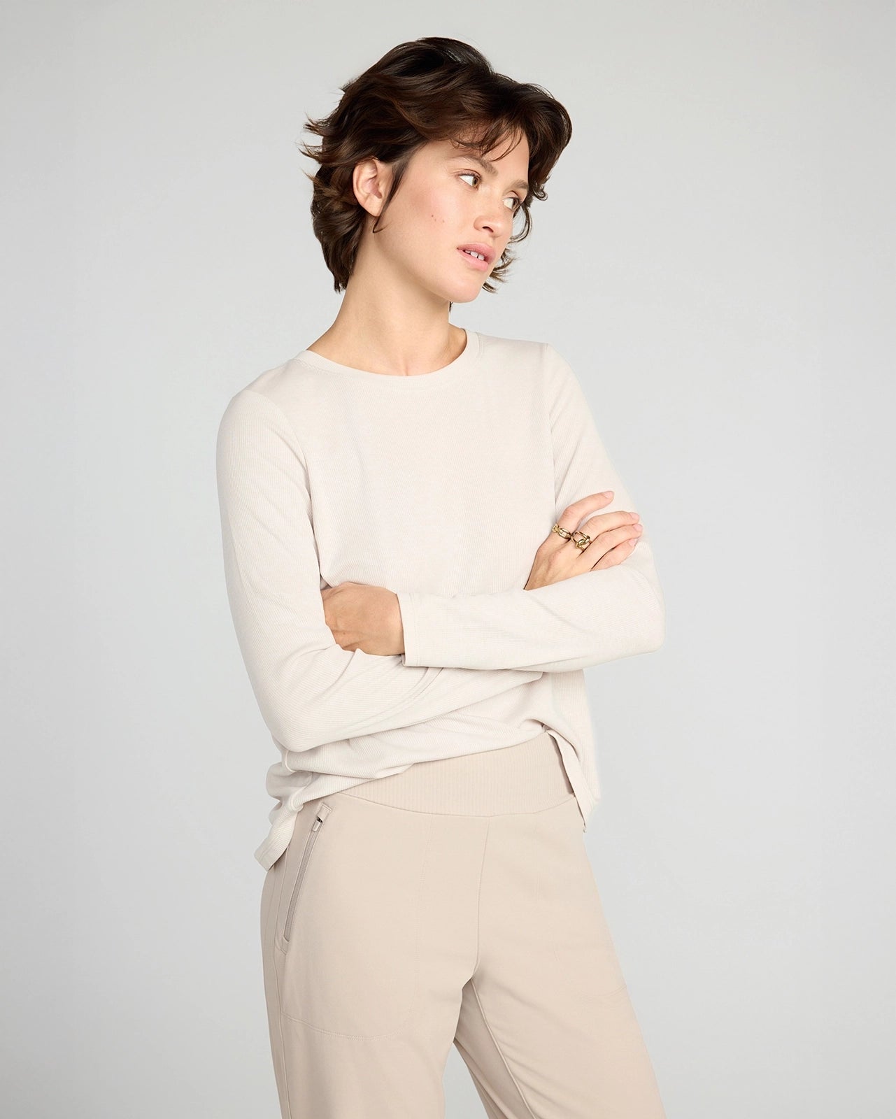 The Soft Ribbed GRS Certified Recycled Poly + TENCEL™ Modal Long Sleeve - Tan Beige