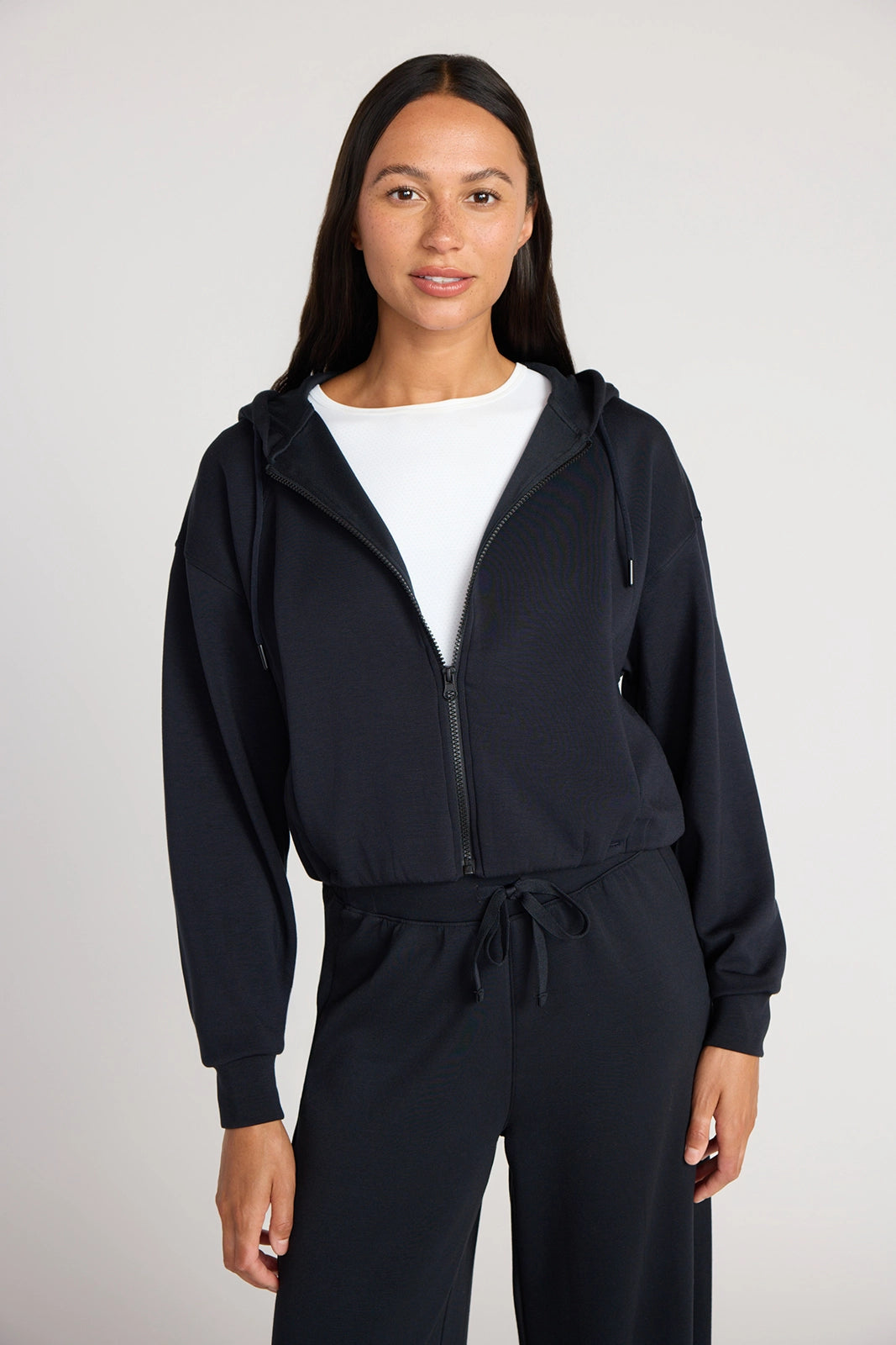 The Double Knit GRS Certified Recycled Poly + Modal Cropped Hoodie - Black