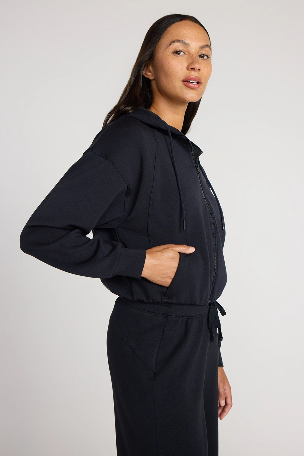 The Double Knit GRS Certified Recycled Poly + Modal Cropped Hoodie - Black