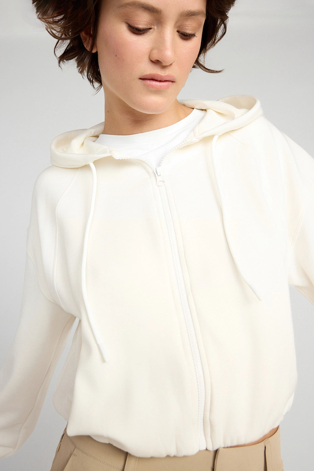 The Double Knit GRS Certified Recycled Poly + Modal Cropped Hoodie - Sugar Swizzle