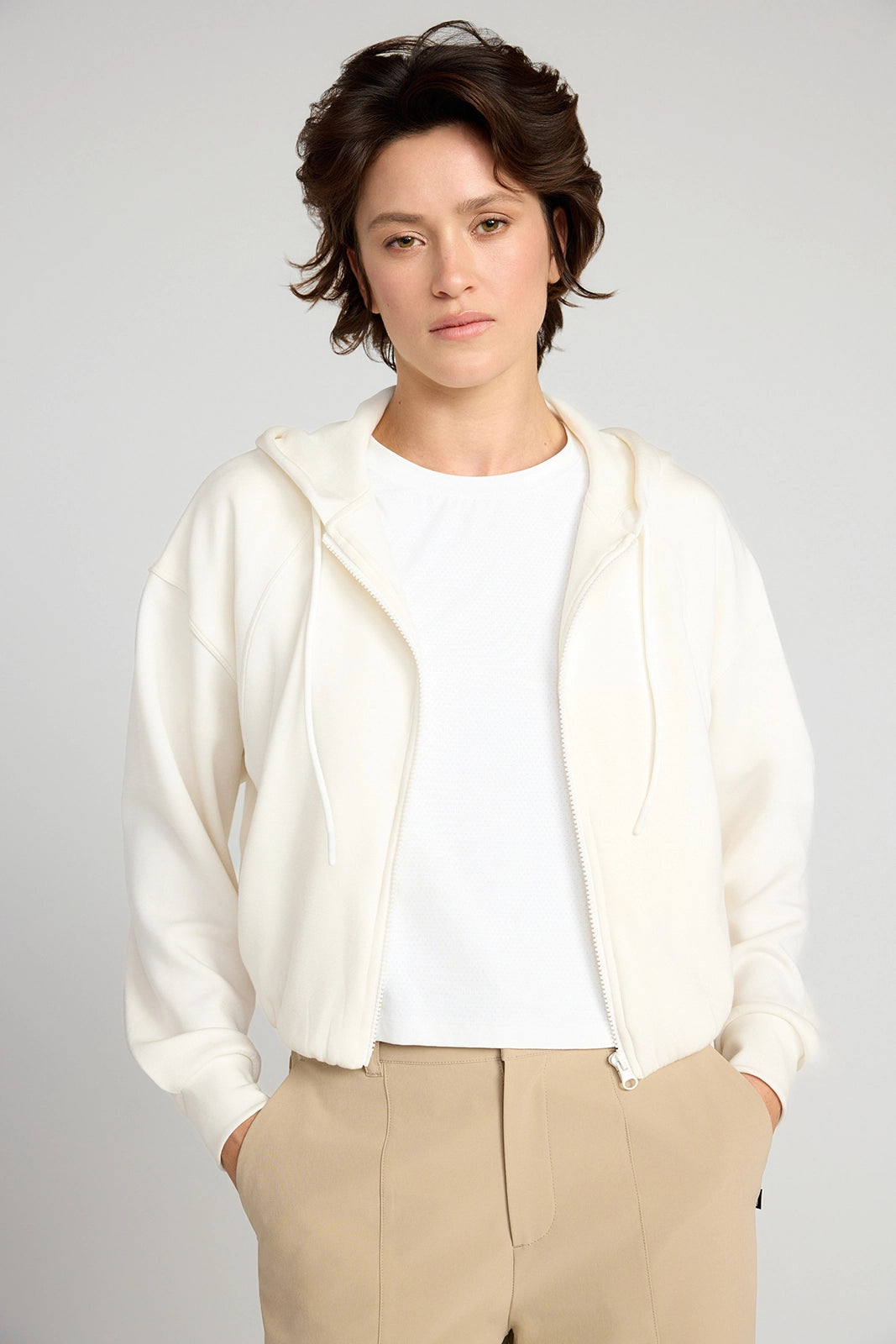 The Double Knit GRS Certified Recycled Poly + Modal Cropped Hoodie - Sugar Swizzle