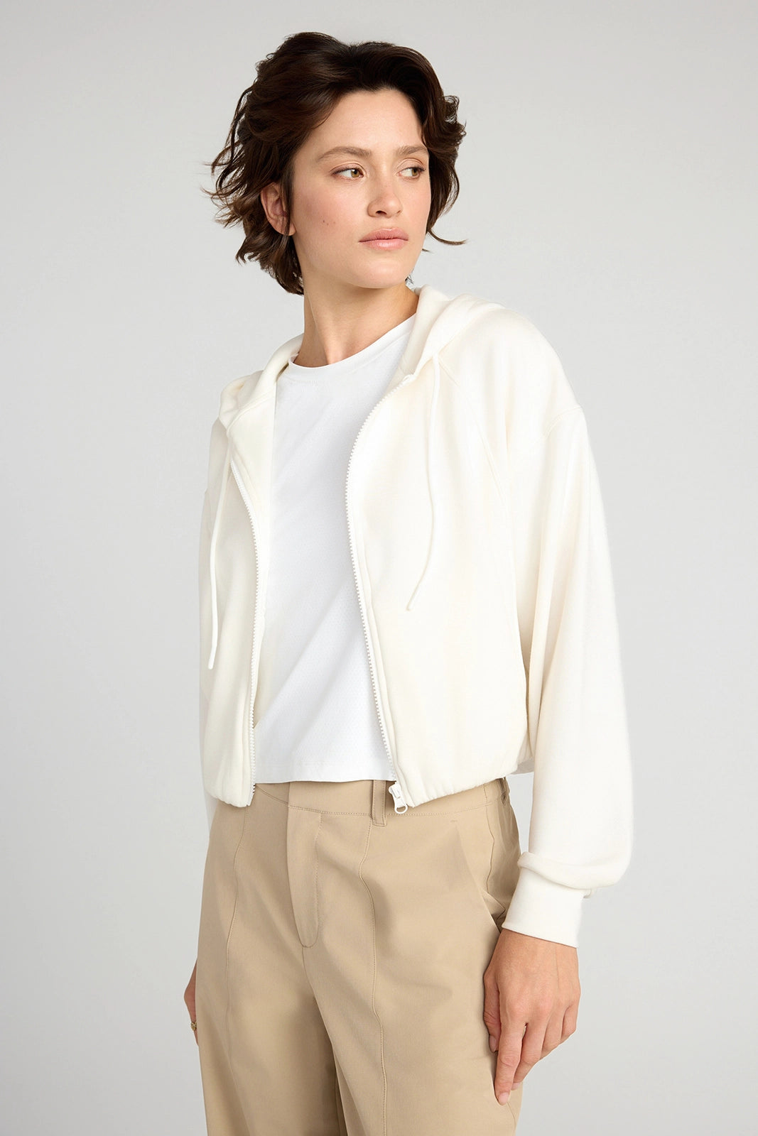 The Double Knit GRS Certified Recycled Poly + Modal Cropped Hoodie - Sugar Swizzle
