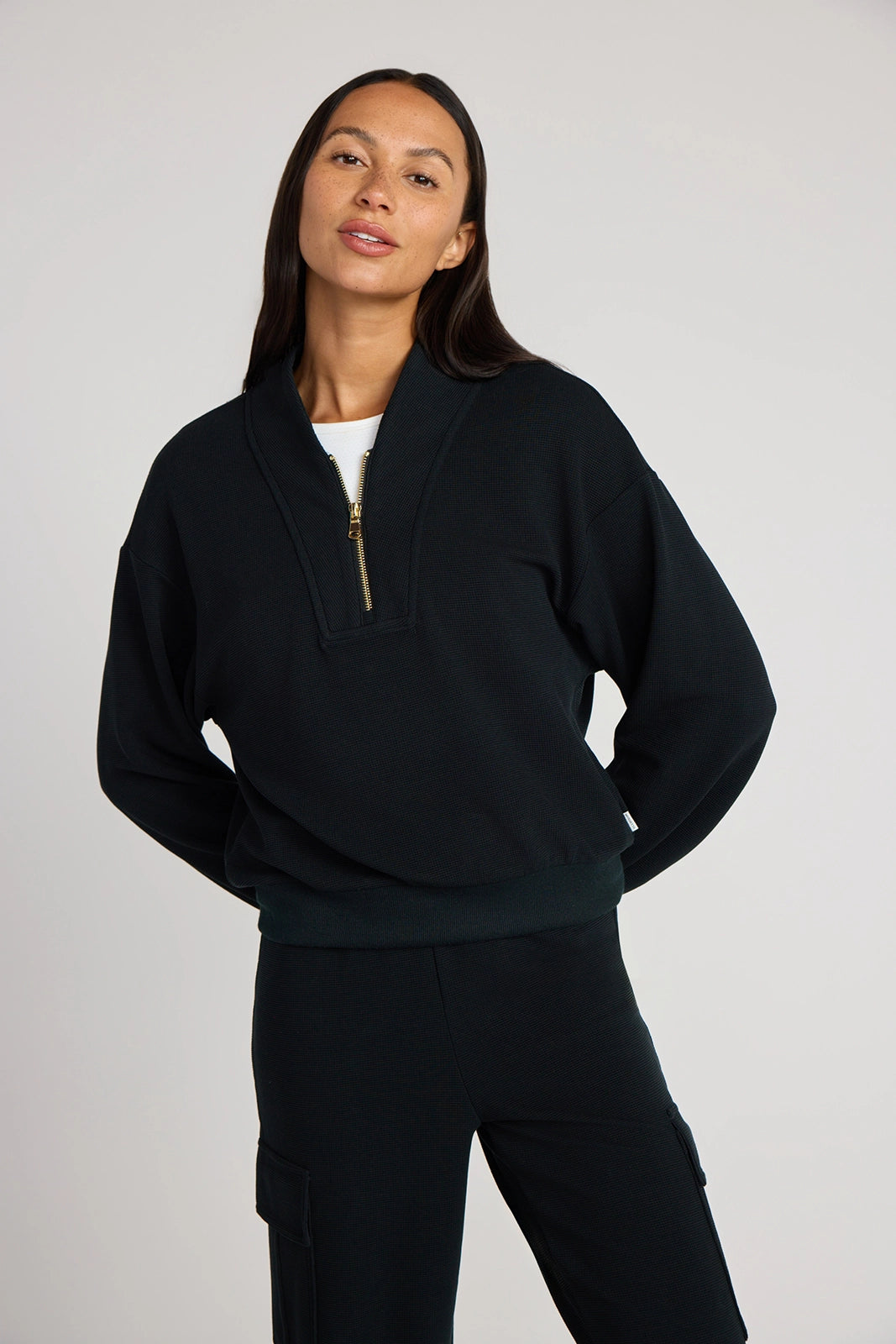 The Soft Luxe Modal + GRS Certified Recycled Poly Waffle 1/4 Zip - Black