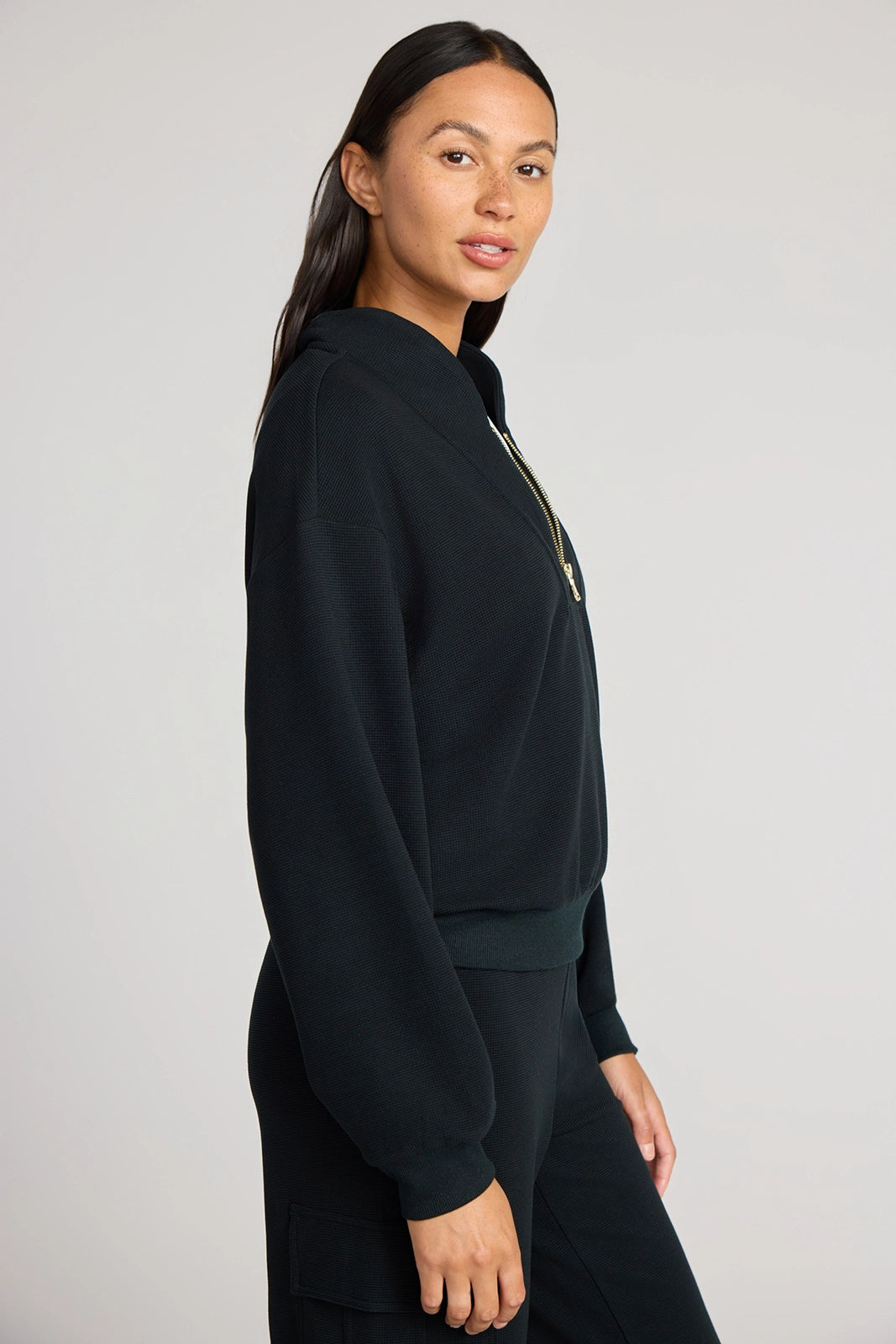 The Soft Luxe Modal + GRS Certified Recycled Poly Waffle 1/4 Zip - Black