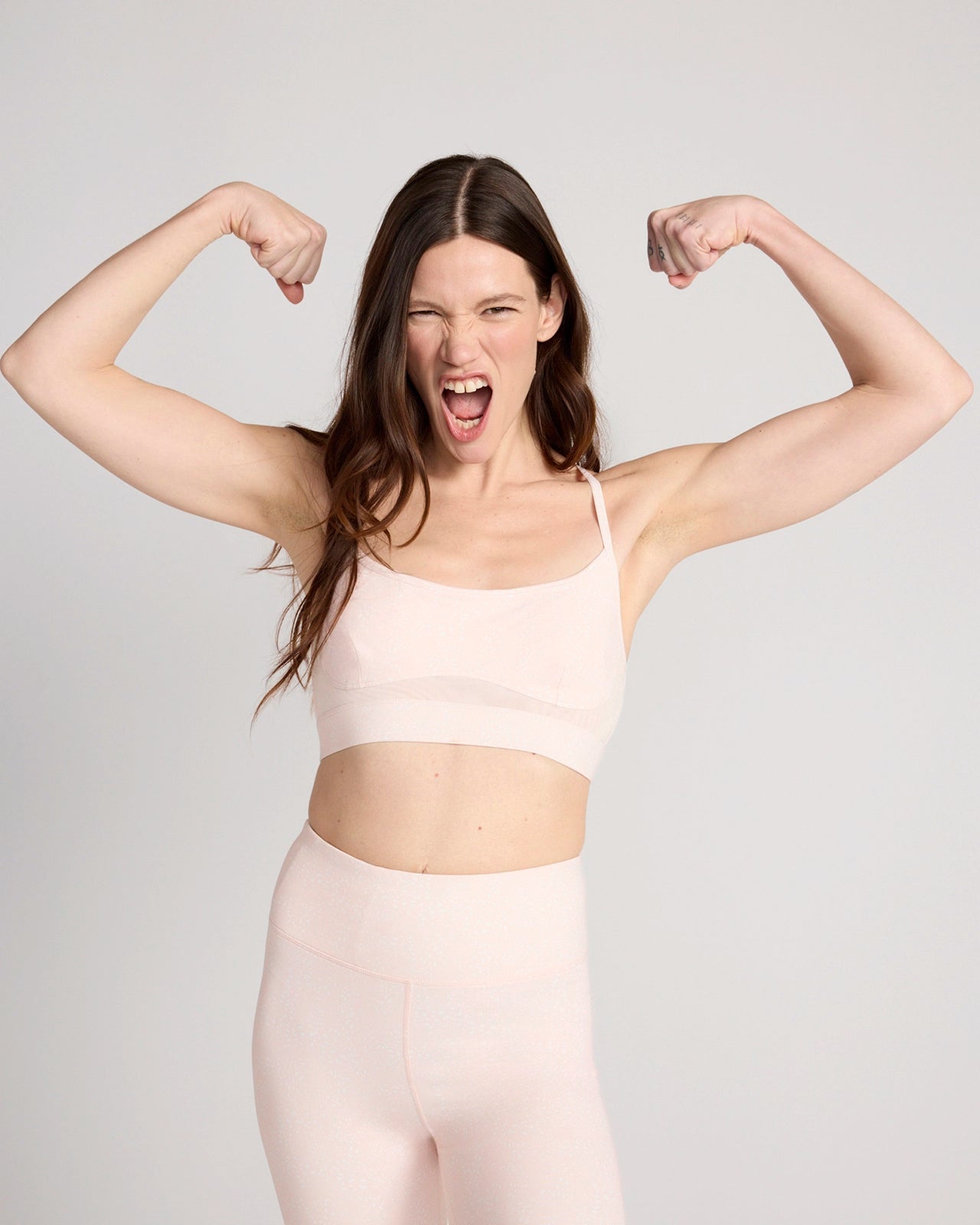 The Active GRS Certified Recycled Poly Printed Cross-Back Bra with Mesh - Light Pink Abstract Dot Print