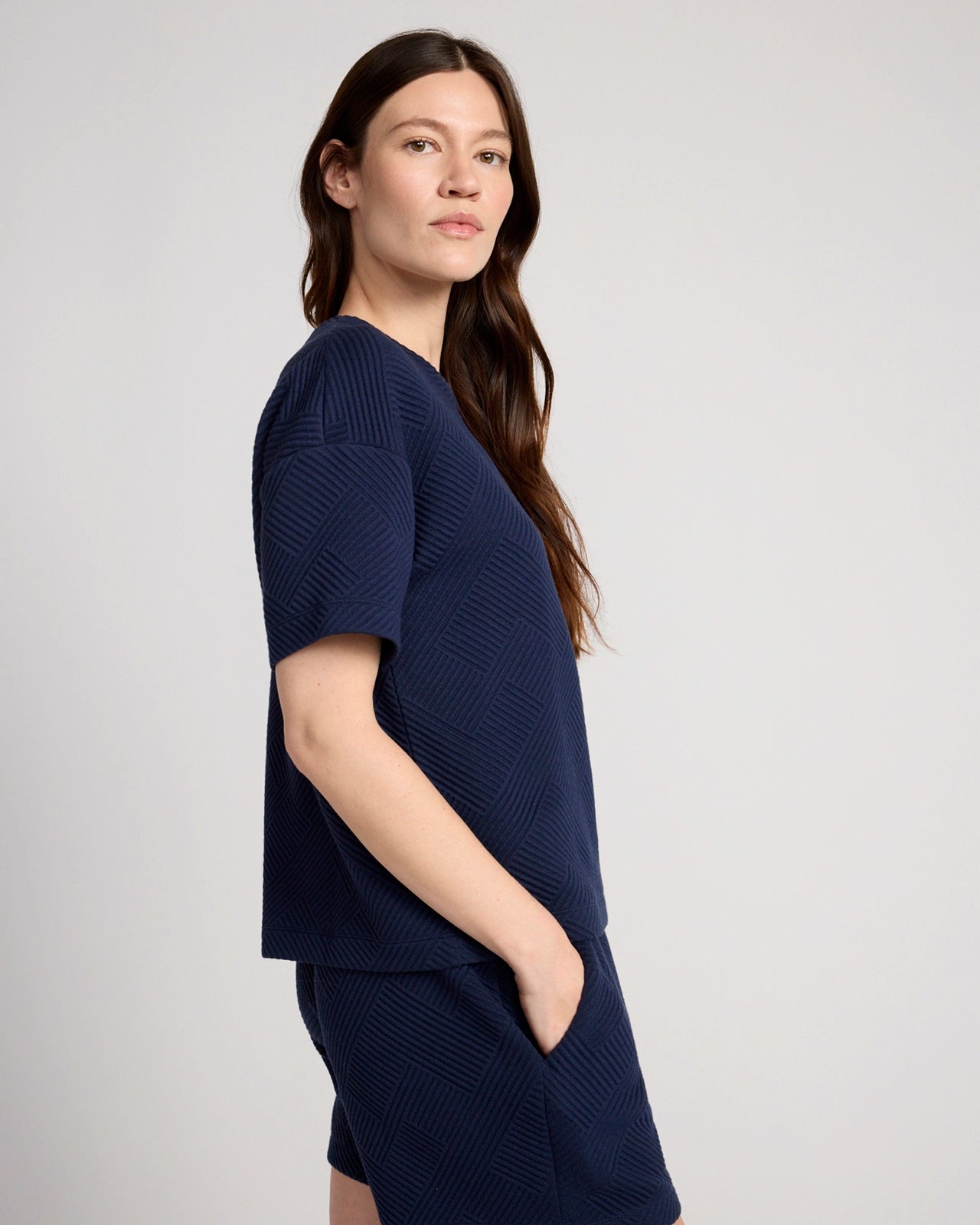 The Soft Stretch GRS Certified Recycled Poly Geo Jacquard Crew Neck Top - Navy Blazer