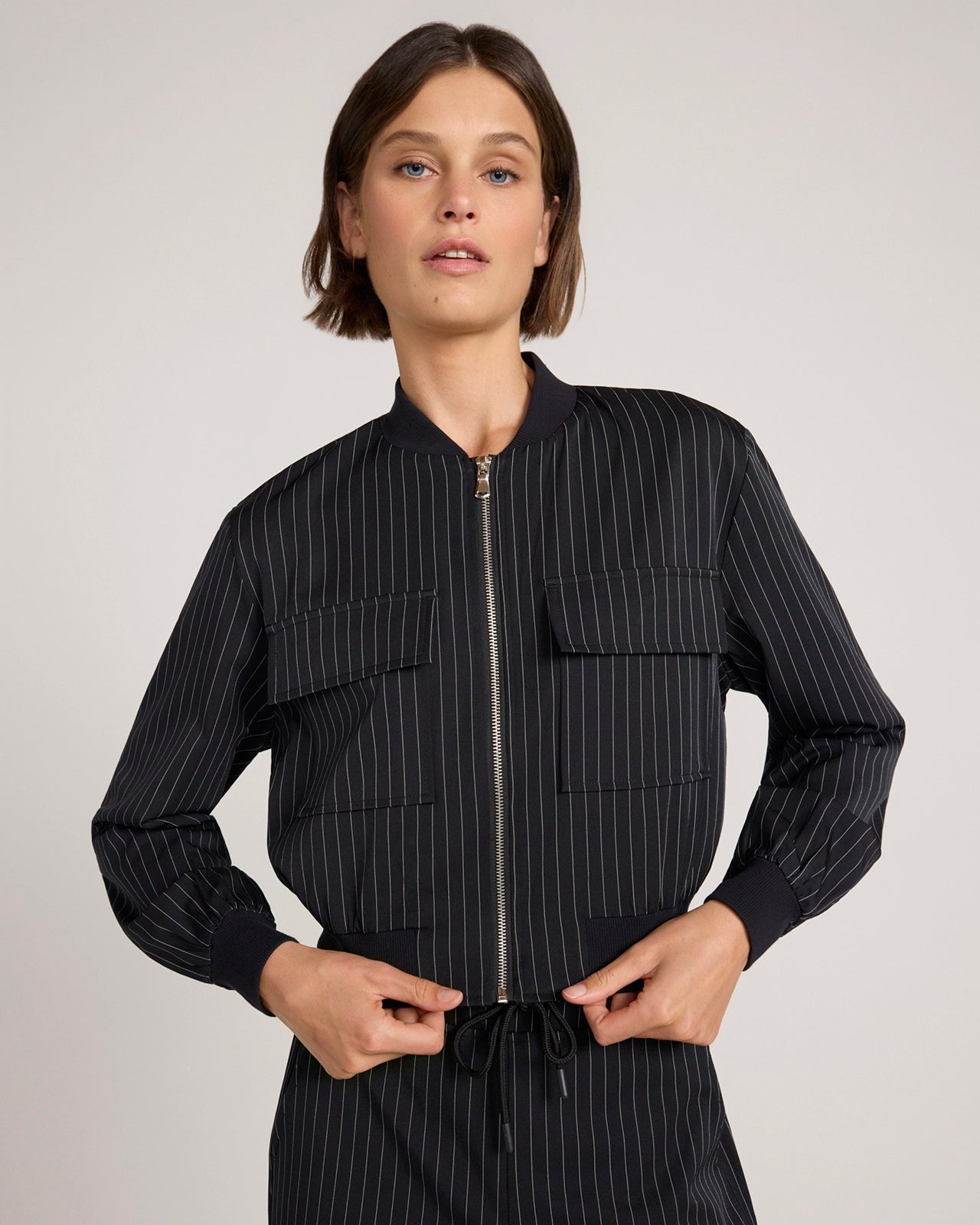 The Soft Stretch Pinstripe Cropped Jacket - Black Pinstripe