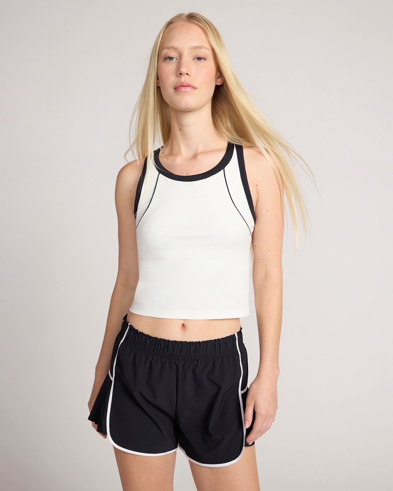 The Active Colour Blocked Cropped Shelf Bra Tank - Coconut Milk/Black
