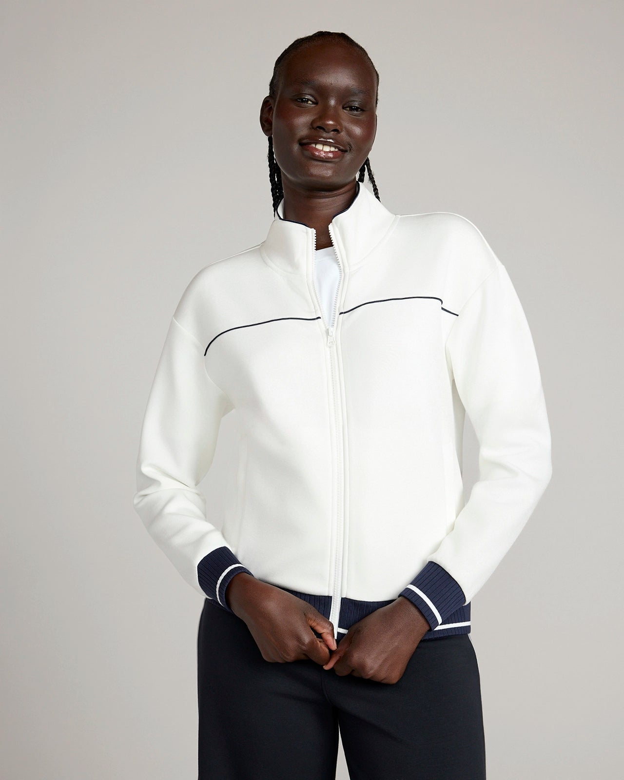 The Soft Luxe GRS Certified Recycled Poly TENCEL™ Modal Double Knit Zip Up Jacket - Coconut Milk