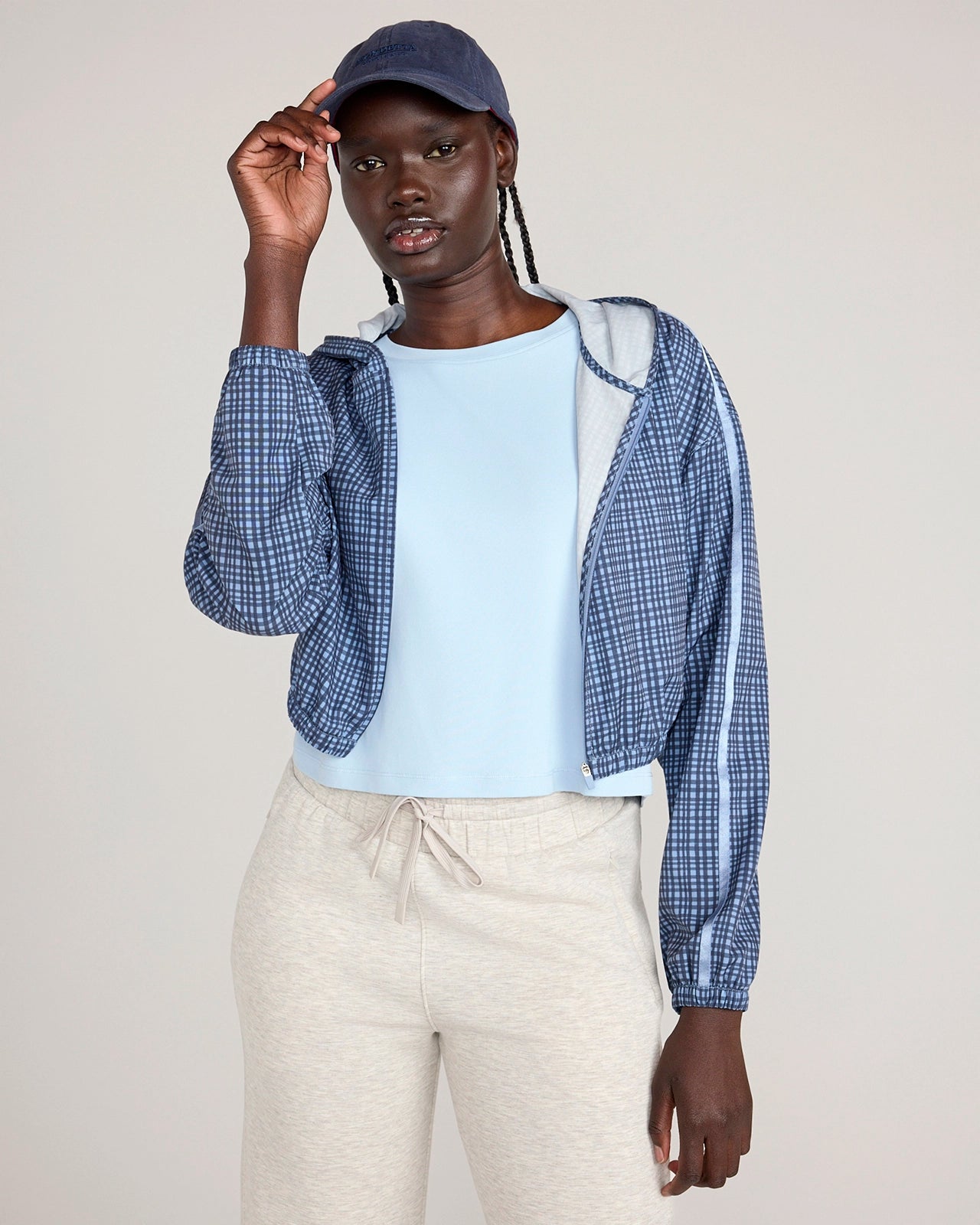 The Active Cropped Hooded Jacket - Blue Plaid