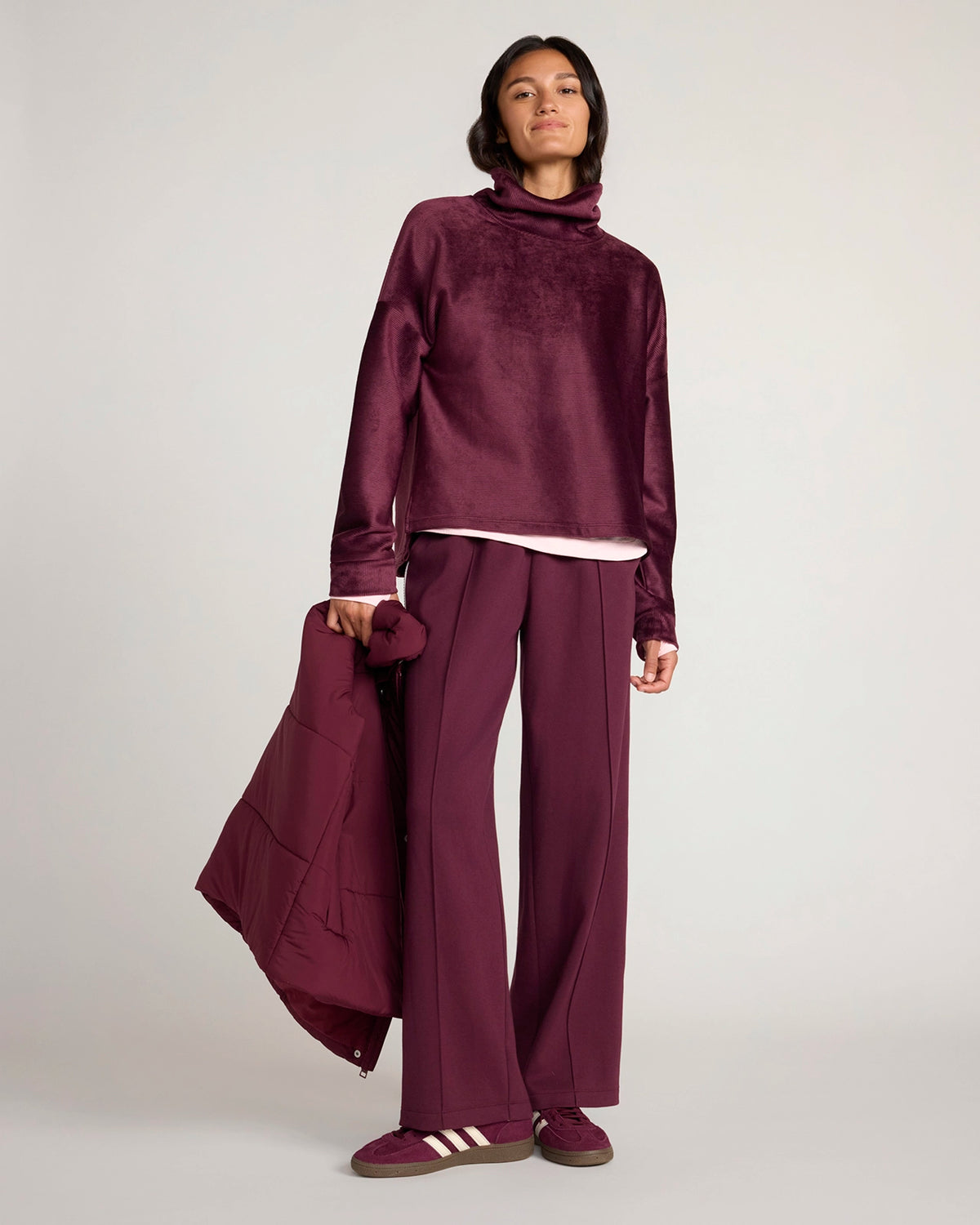 The Soft Luxe Velour Rib Mock Neck Top - Fig Purple