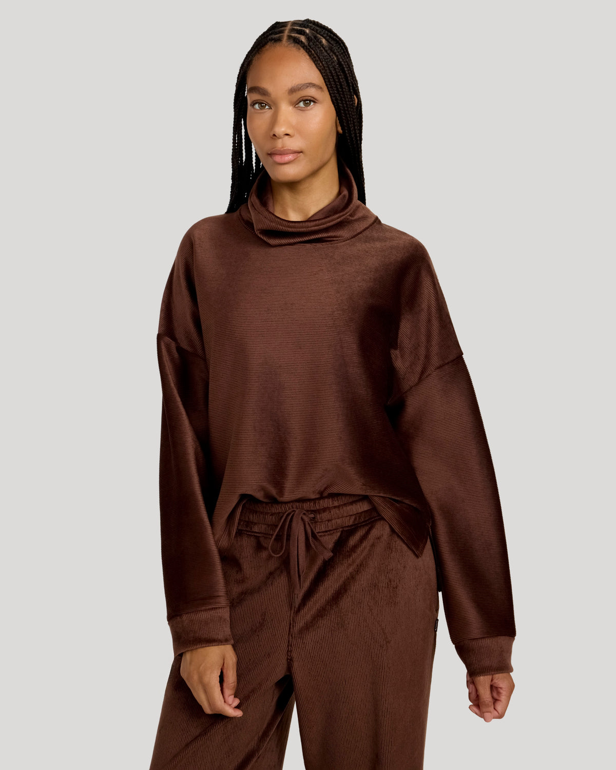 The Soft Luxe Velour Rib Mock Neck Top - Chicory Coffee