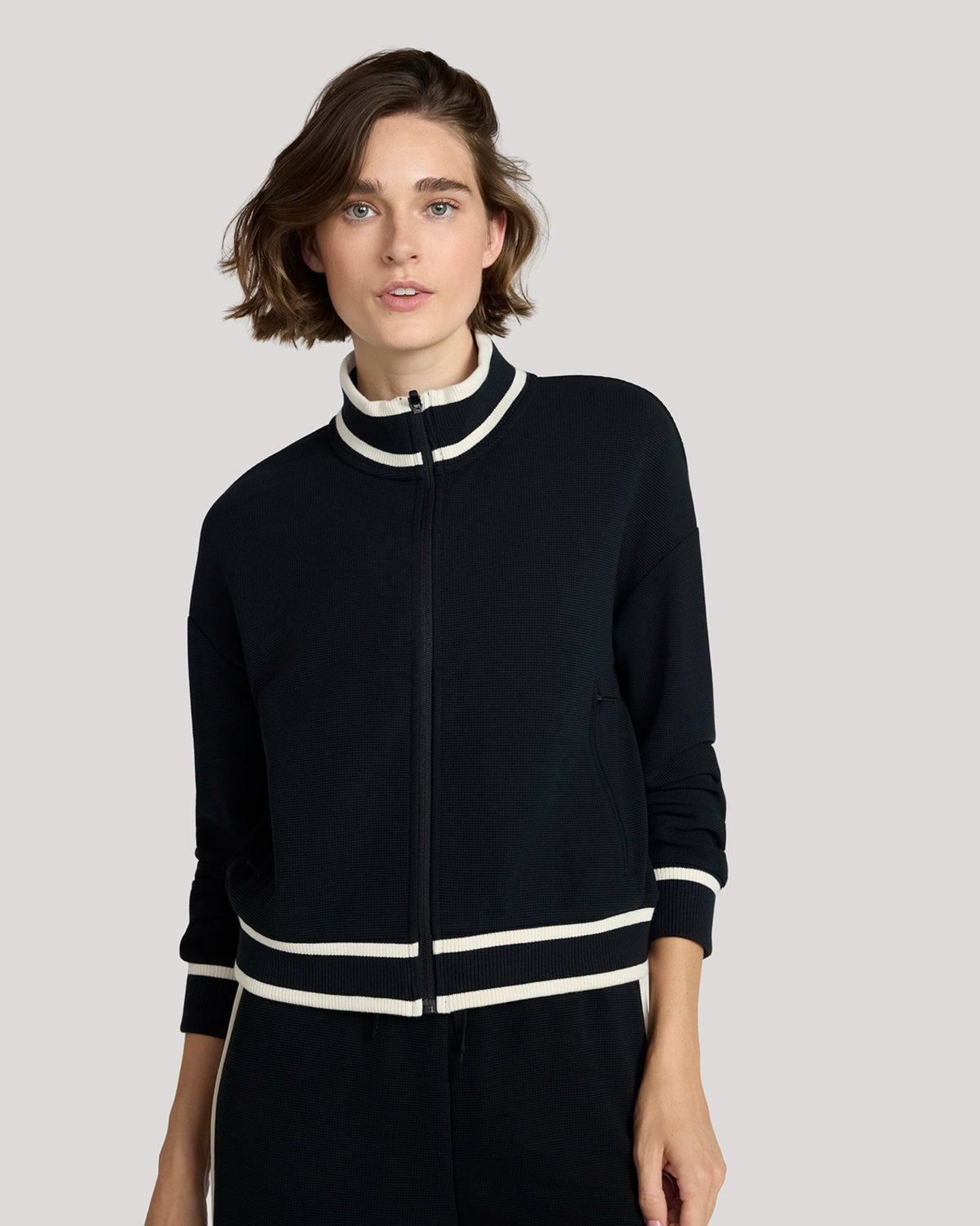 The Luxe Waffle Knit Retro Bomber Jacket - Black