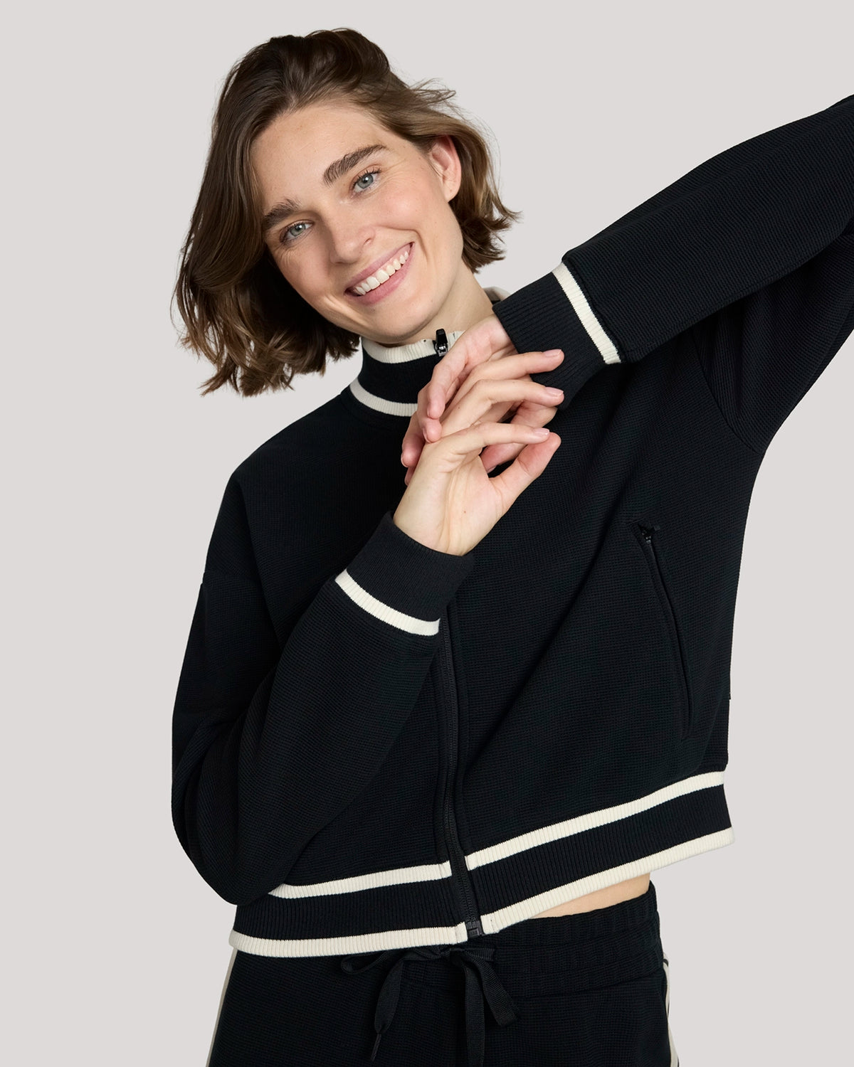 The Luxe Waffle Knit Retro Bomber Jacket - Black