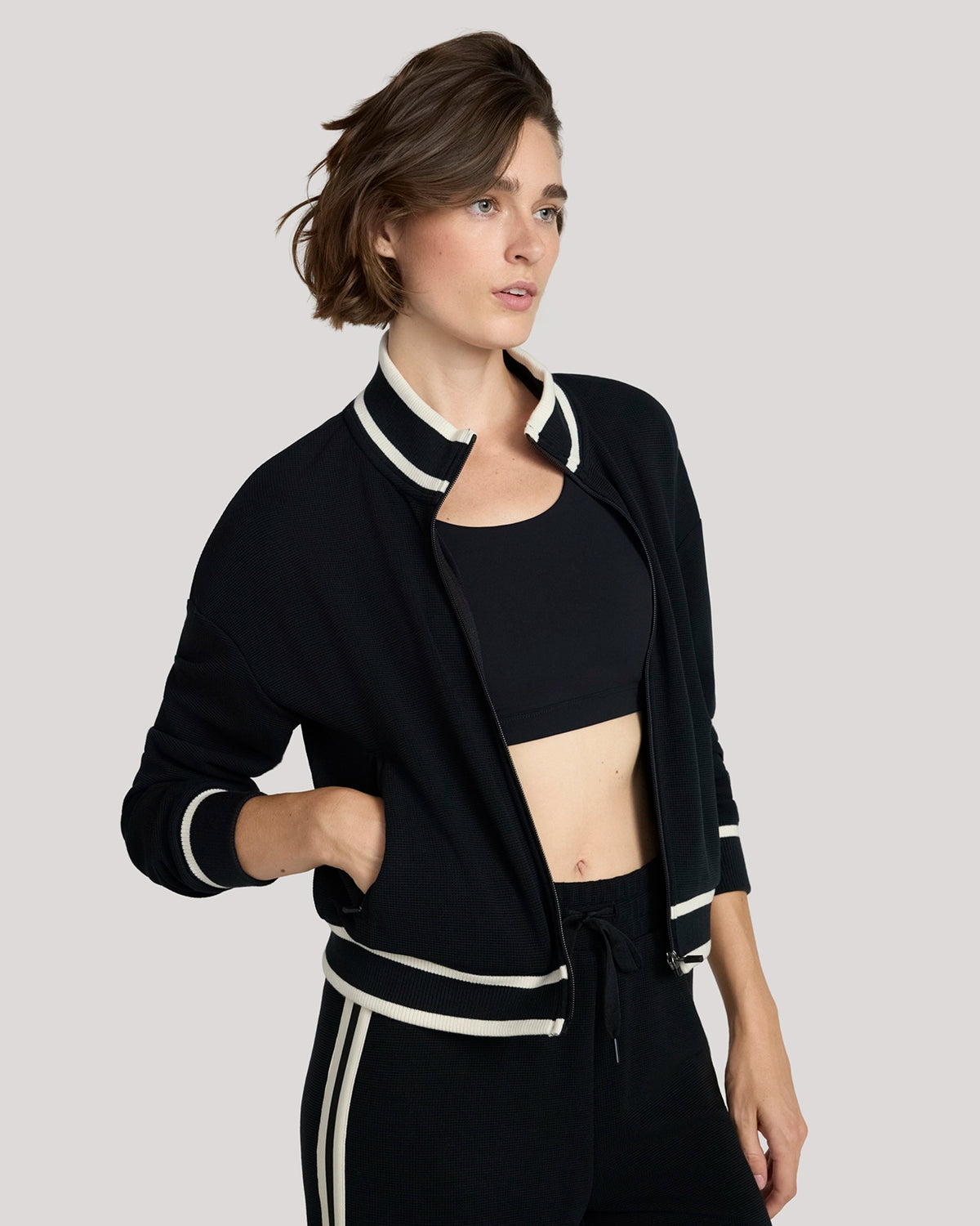 The Luxe Waffle Knit Retro Bomber Jacket - Black