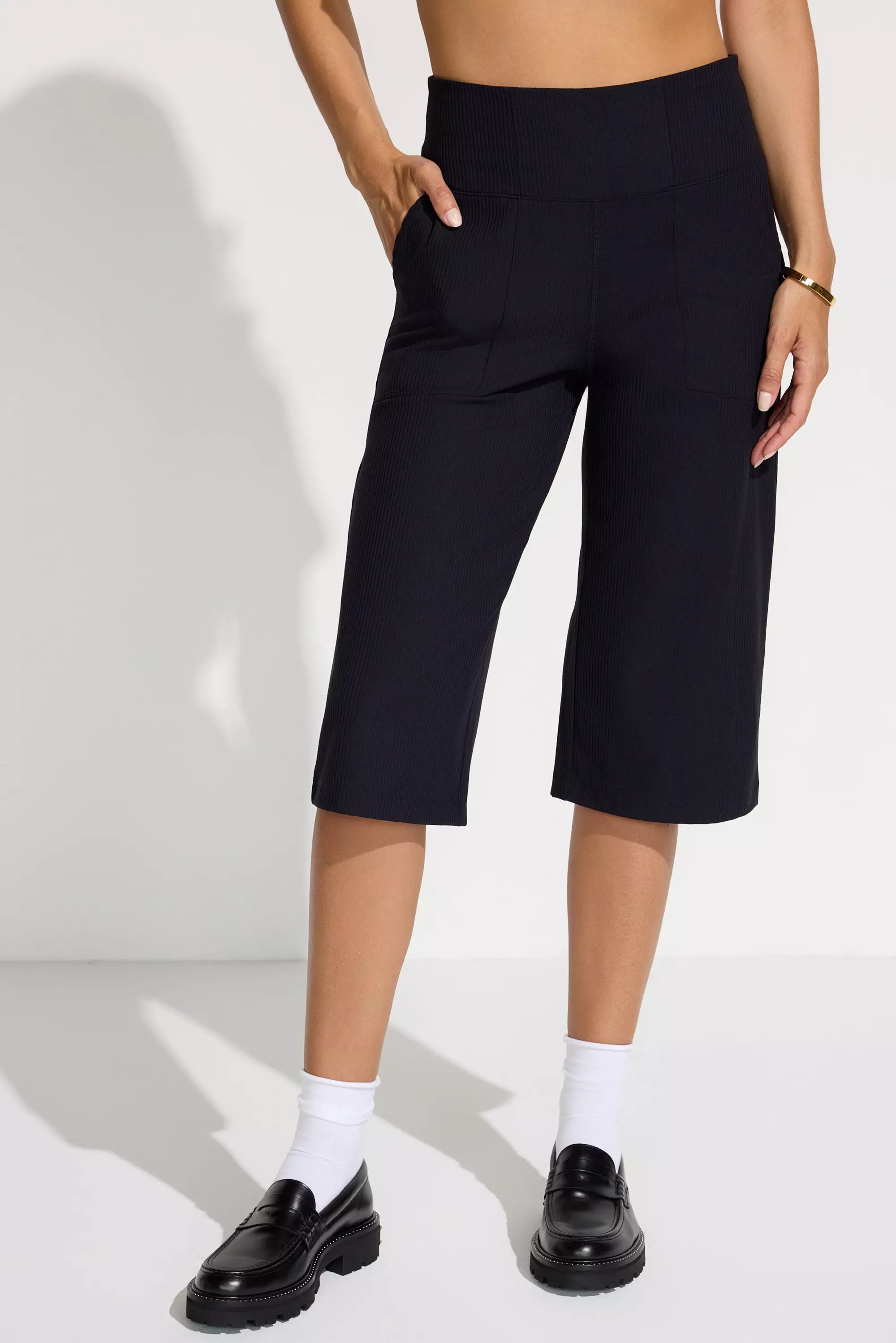 The Soft Luxe Ribbed GRS Certified Recycled Nylon Capri Pant - Black