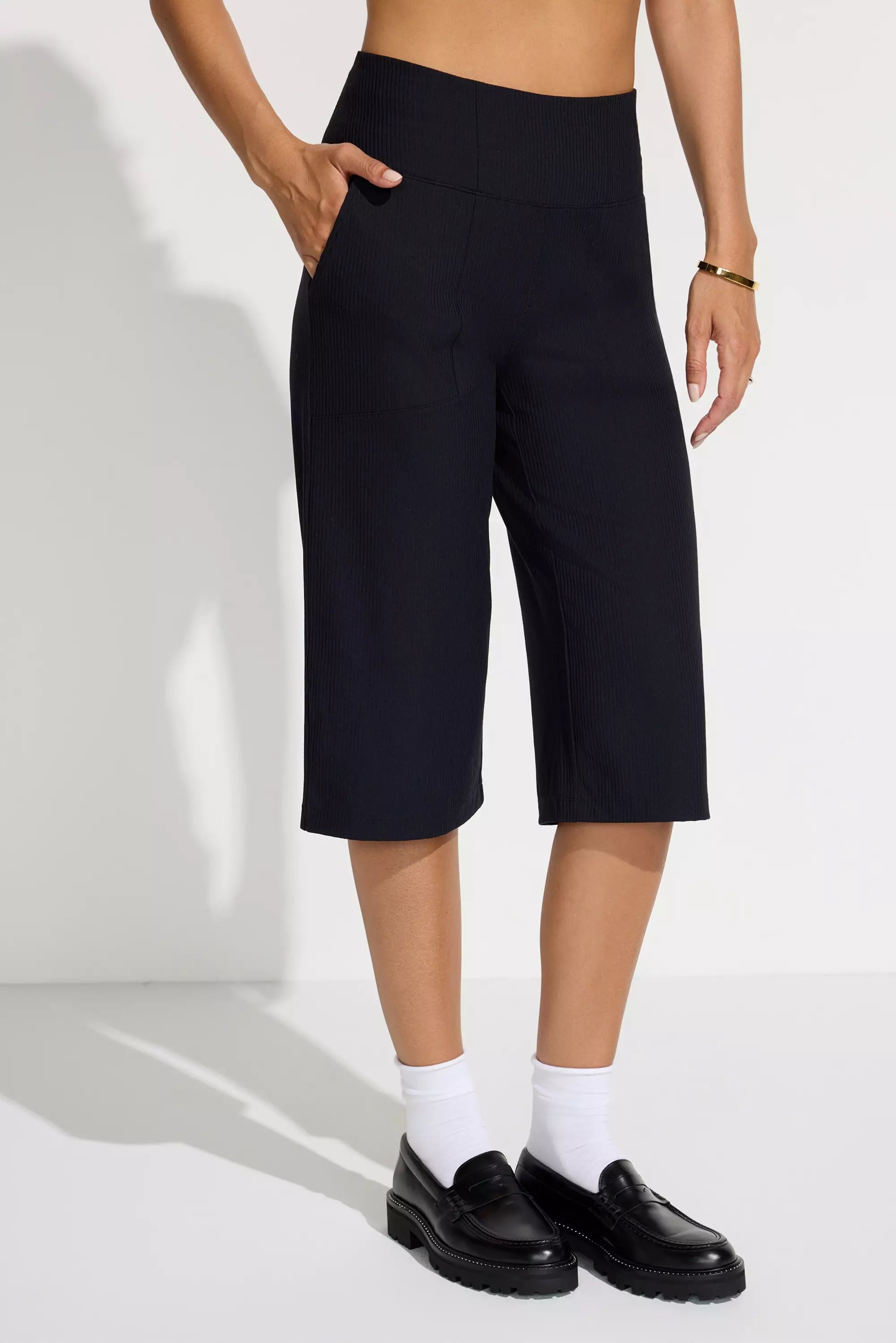 The Soft Luxe Ribbed GRS Certified Recycled Nylon Capri Pant - Black