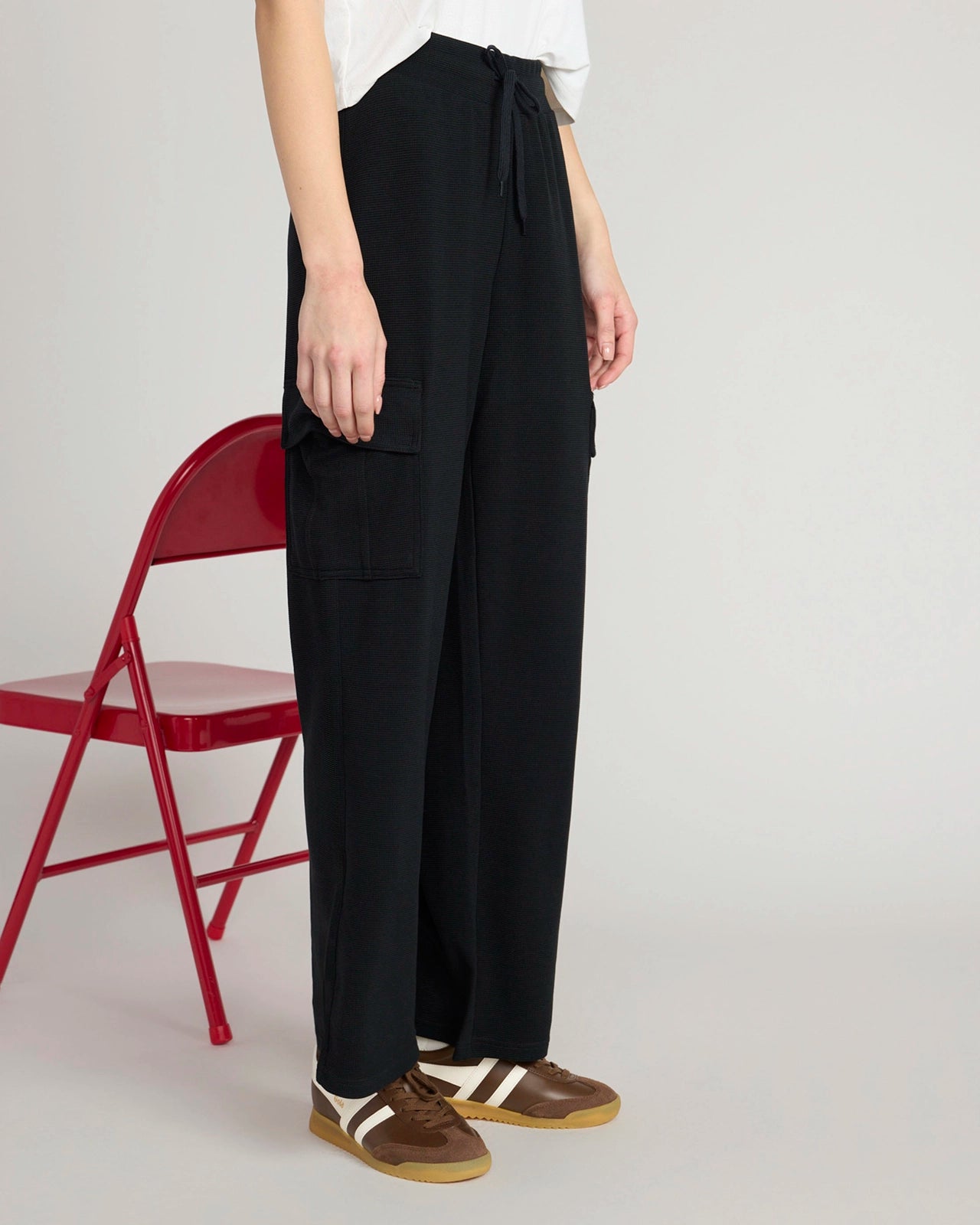 The Soft Luxe Modal + GRS Certified Recycled Poly Waffle Cargo Wide Leg Pant - Black
