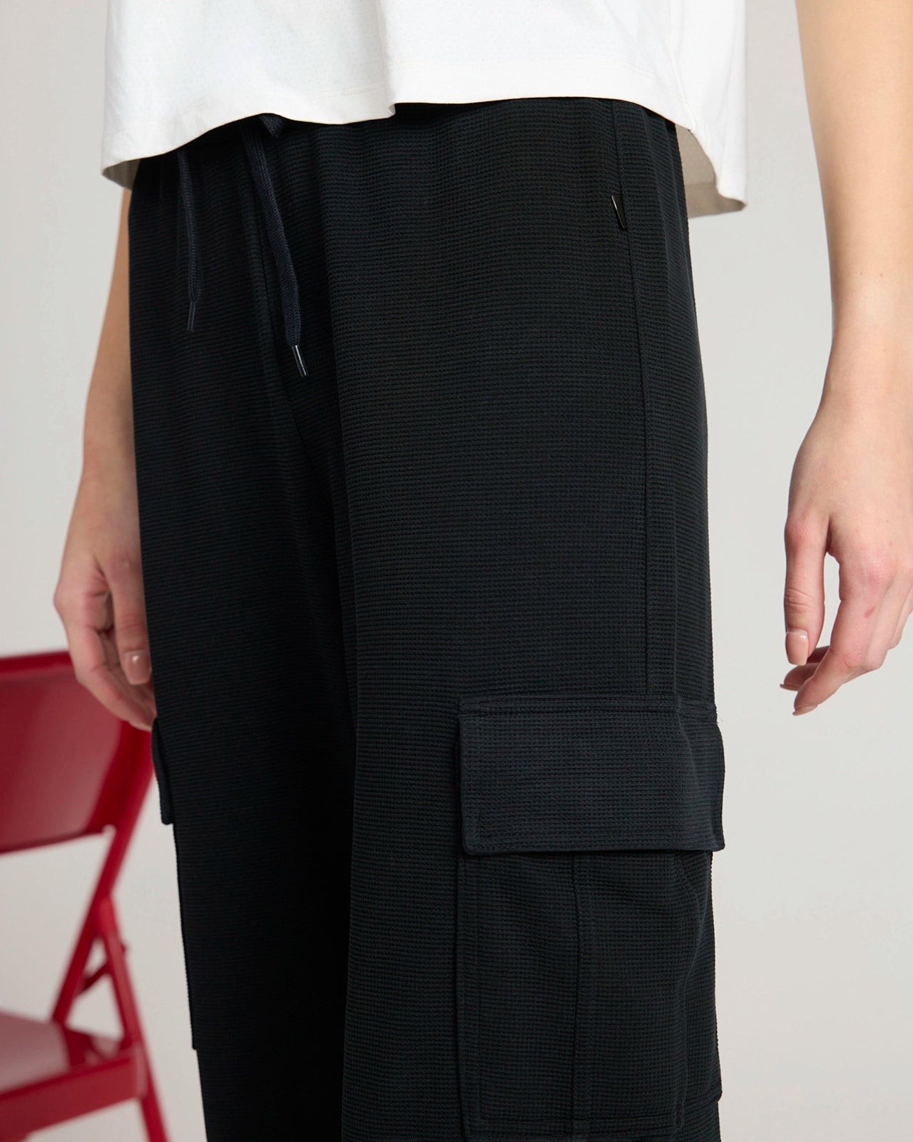 The Soft Luxe Modal + GRS Certified Recycled Poly Waffle Cargo Wide Leg Pant - Black
