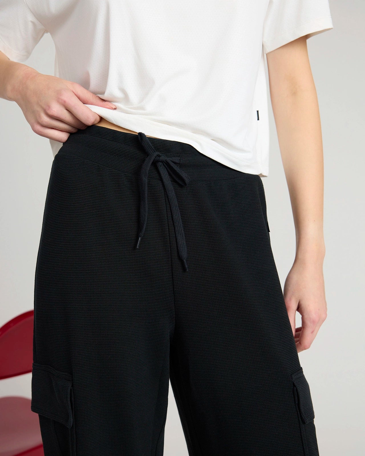 The Soft Luxe Modal + GRS Certified Recycled Poly Waffle Cargo Wide Leg Pant - Black