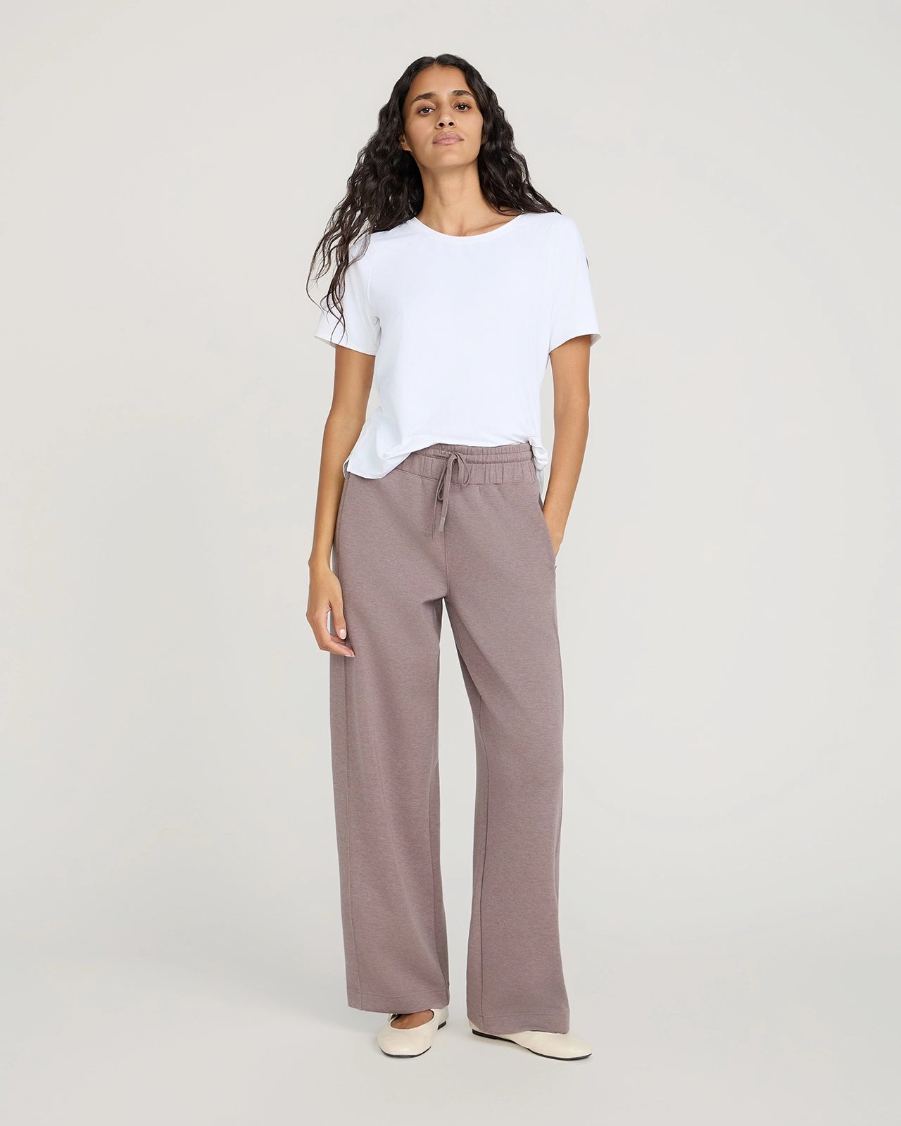 The Soft Luxe Tech Fleece Wide Leg Pant - Deep Taupe Melange