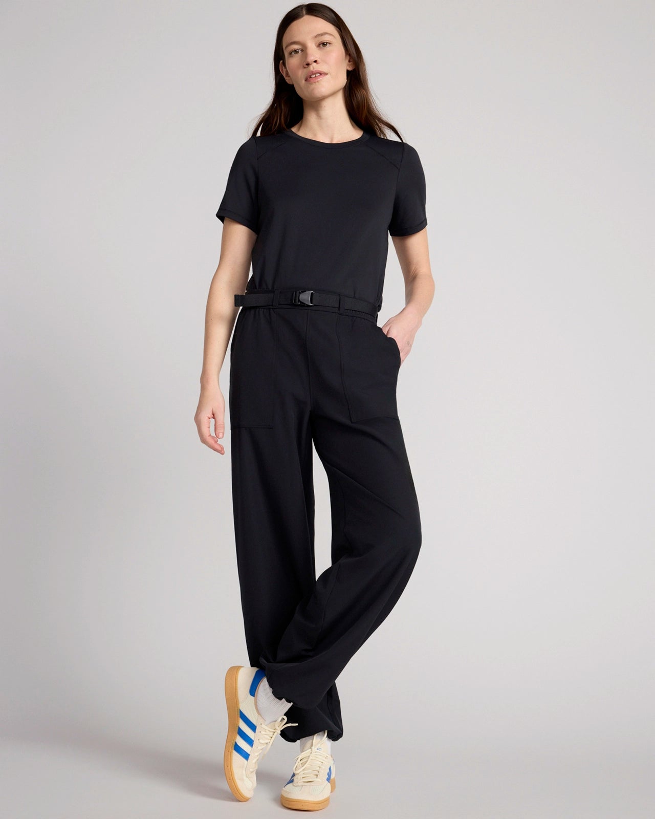 The Travel GRS Certified Recycled Poly Looper Back Wide Leg Utility Pant - Black