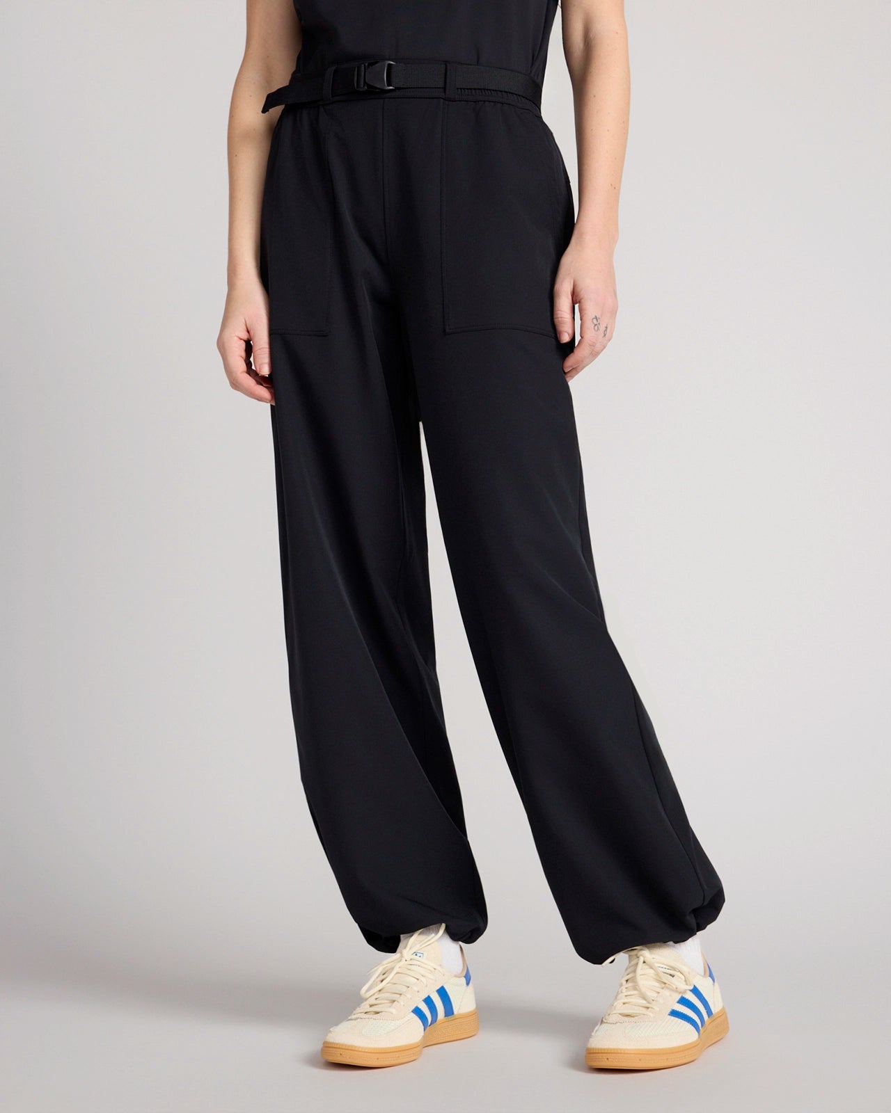 The Travel GRS Certified Recycled Poly Looper Back Wide Leg Utility Pant - Black