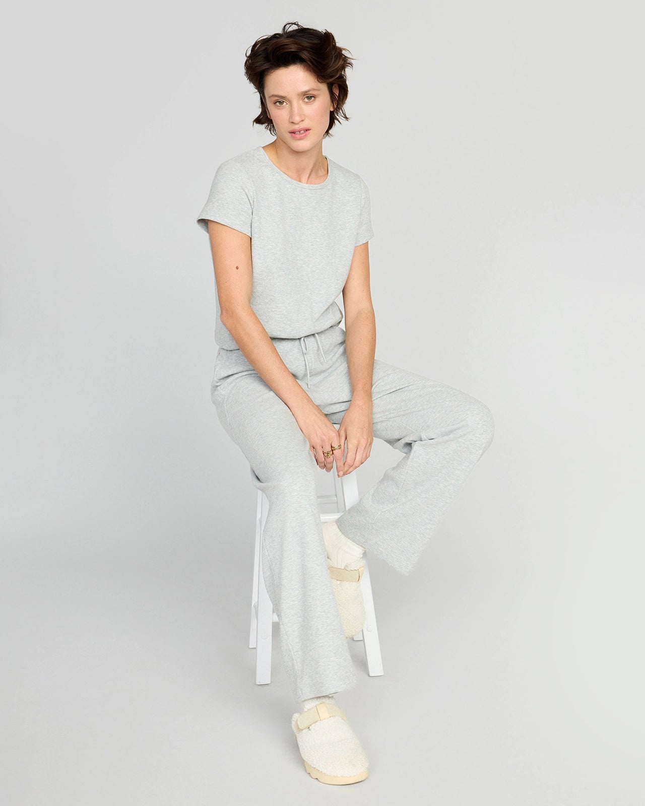The Organic Cotton Club Waffle Wide-Leg Pant - Light Heather Grey