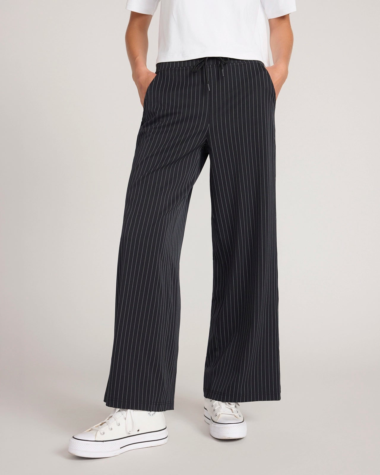 The Soft Stretch Pinstripe Wide Leg Pant - Black Pinstripe