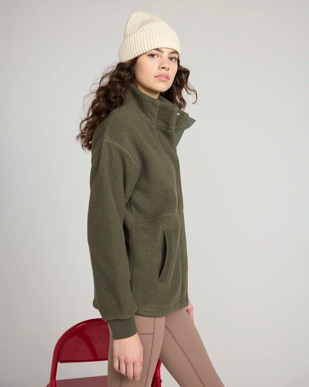 The Soft Sherpa and Crinkle Trim Fleece Jacket - Kambaba Green