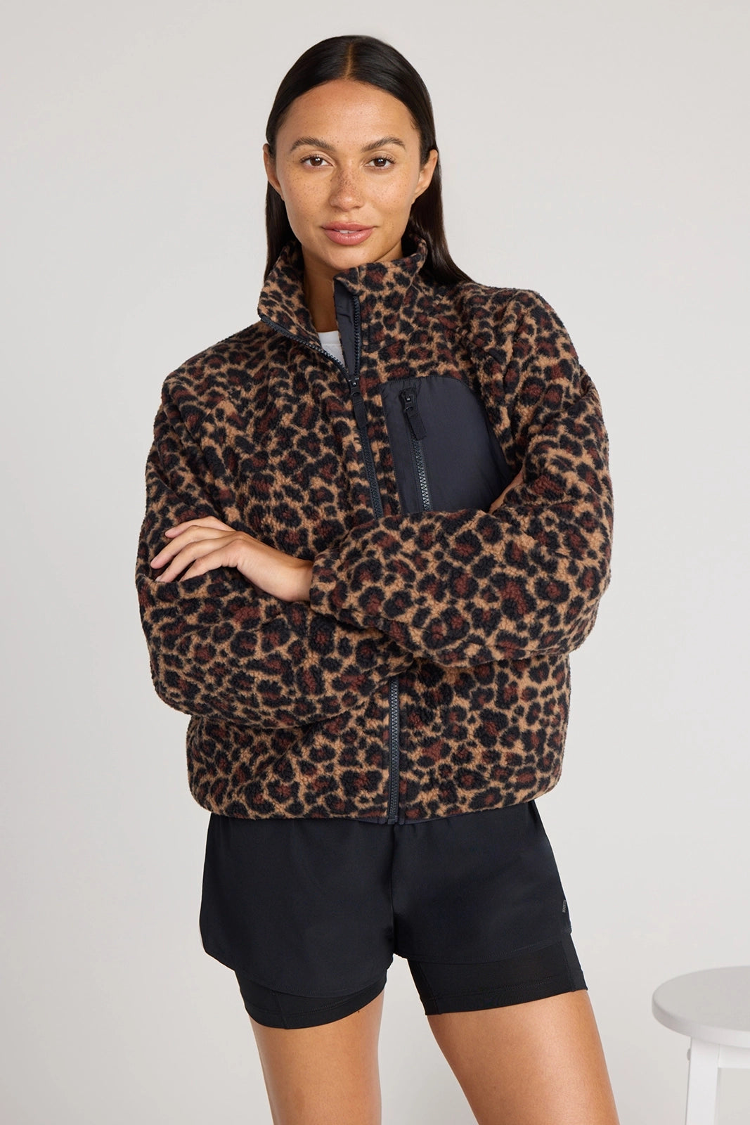 The Berber Soft Luxe GRS Certified Recycled Poly Zip Front Jacket - Leopard Print