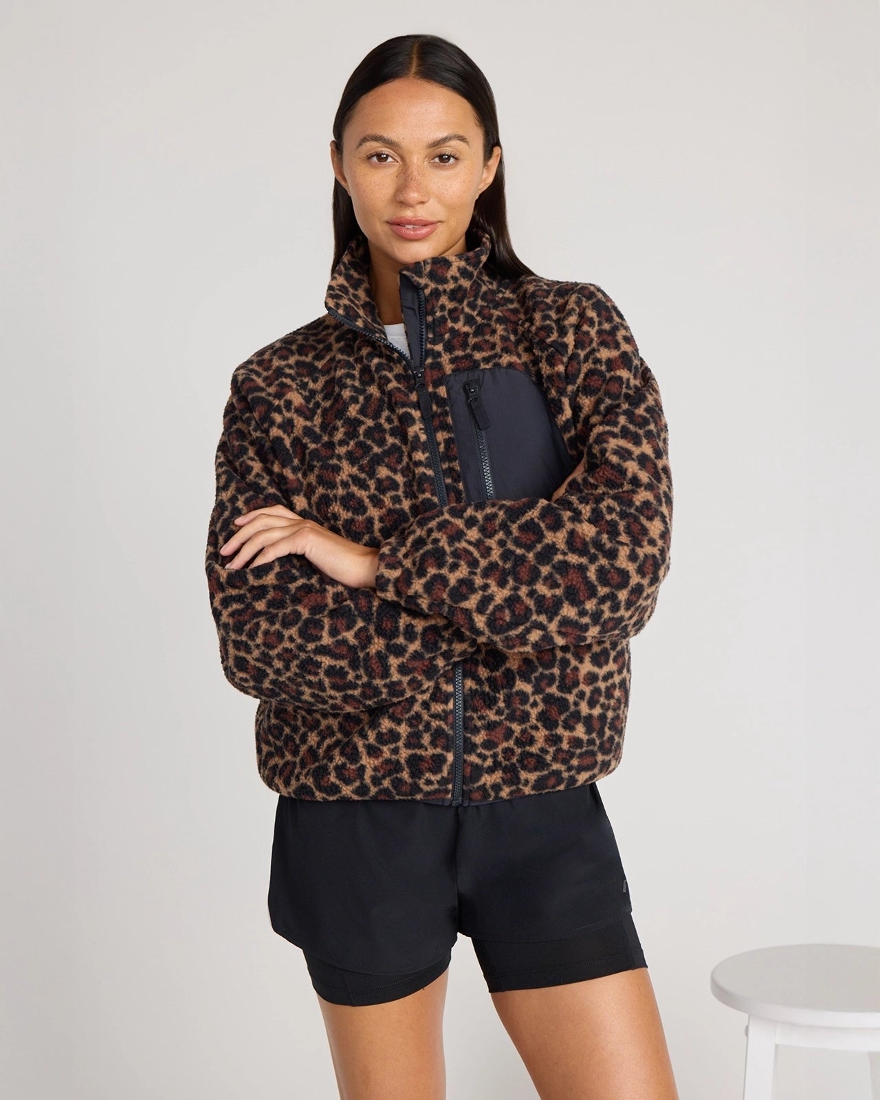 The Berber Soft Luxe GRS Certified Recycled Poly Zip Front Jacket - Leopard Print