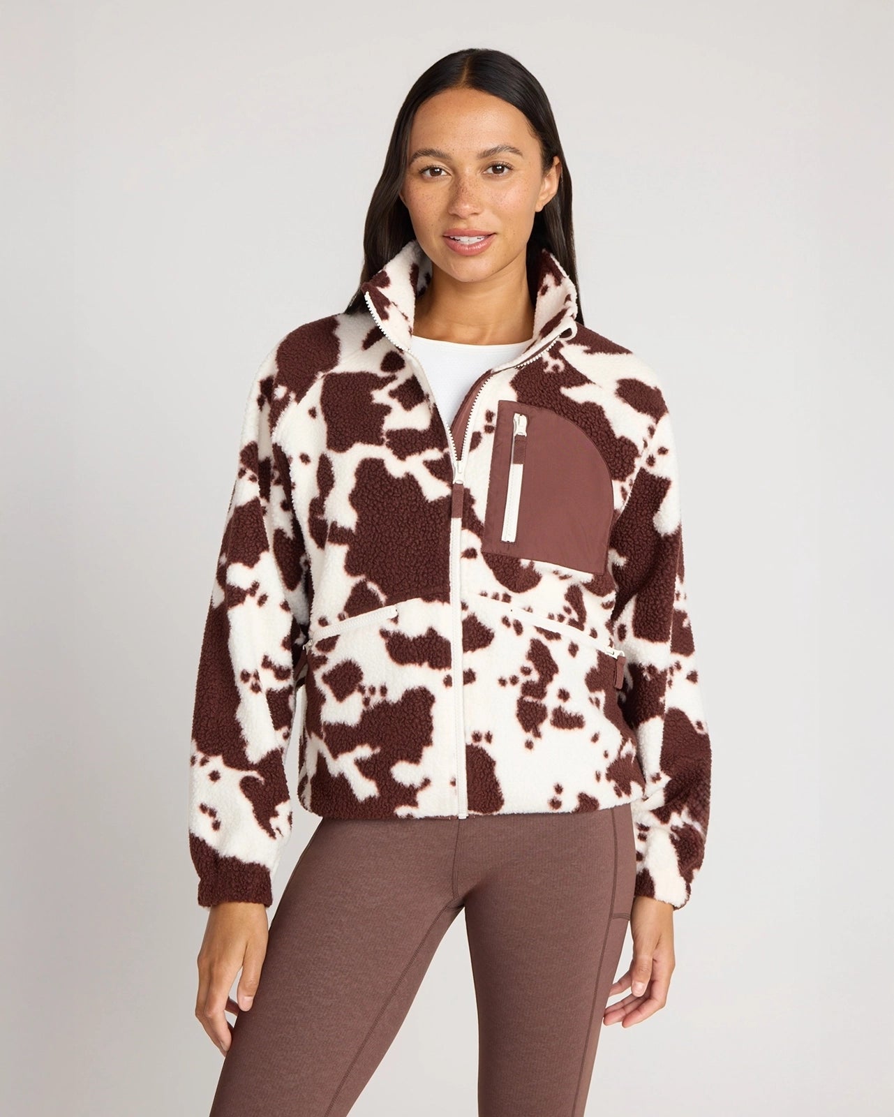 The Berber Soft Luxe GRS Certified Recycled Poly Zip Front Jacket - Cow Print