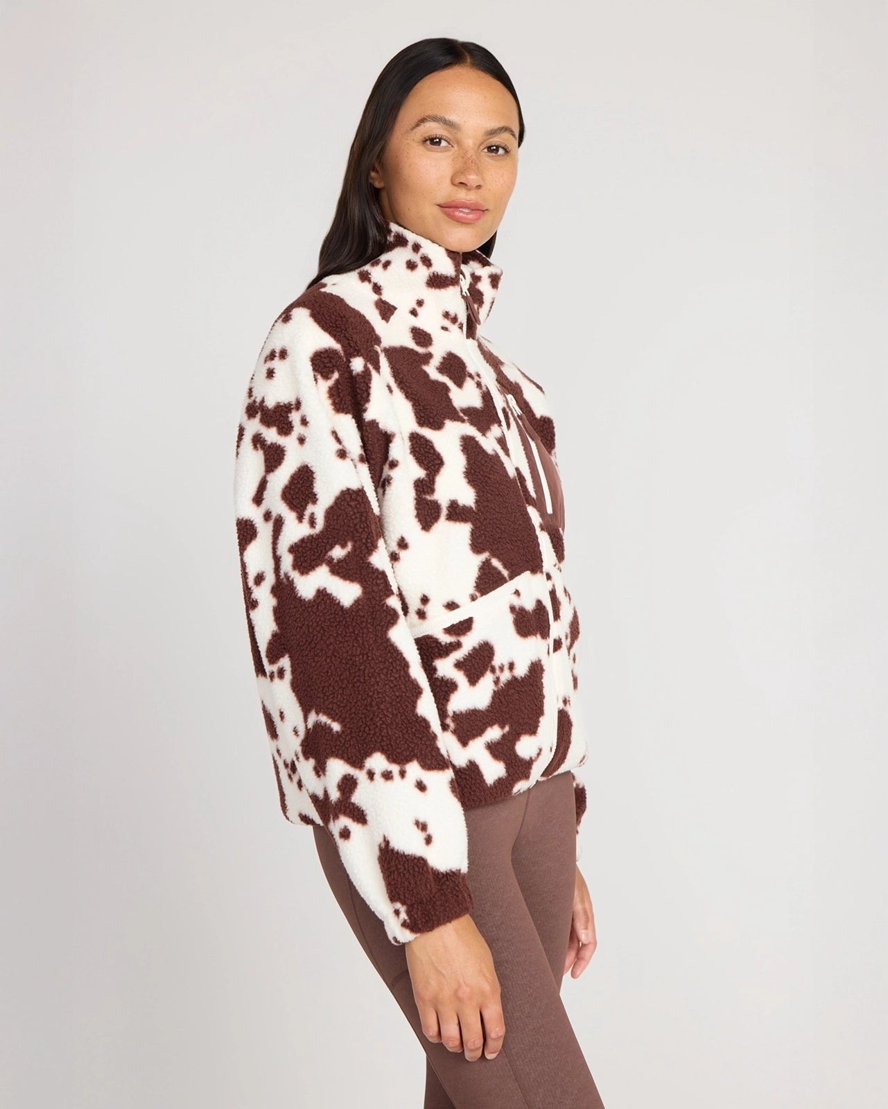 The Berber Soft Luxe GRS Certified Recycled Poly Zip Front Jacket - Cow Print