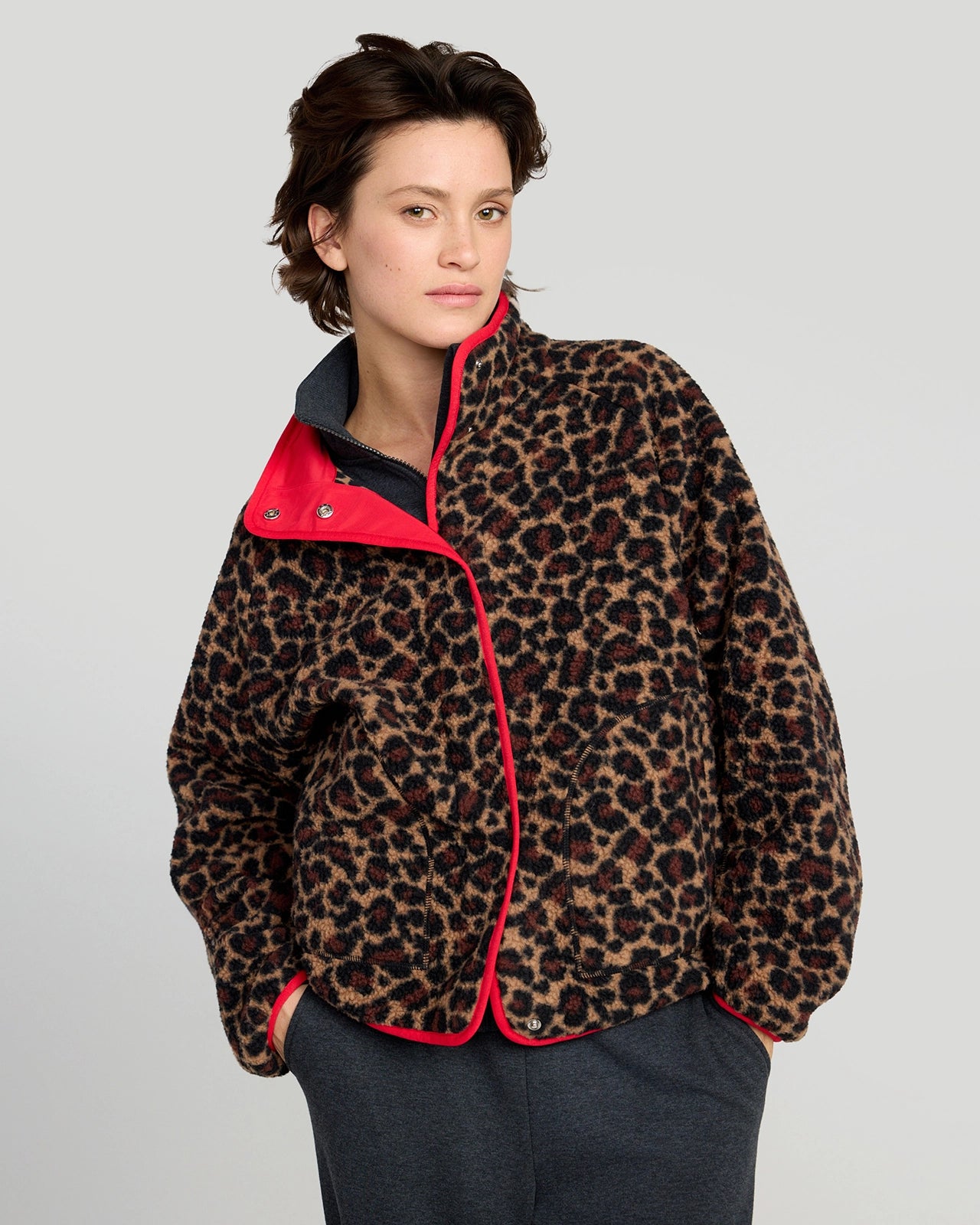 The Berber Soft Luxe GRS Certified Recycled Poly Snap Front Jacket - Leopard Print