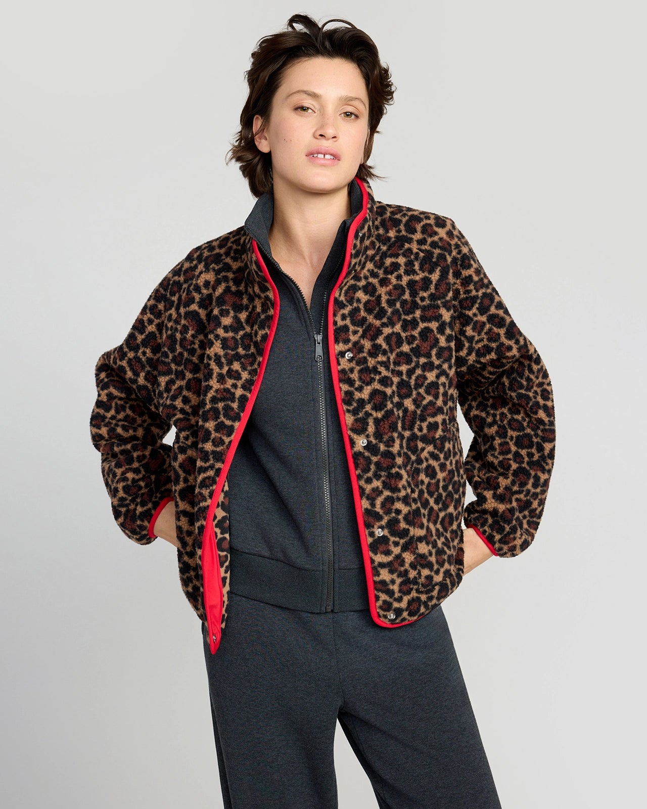 The Berber Soft Luxe GRS Certified Recycled Poly Snap Front Jacket - Leopard Print