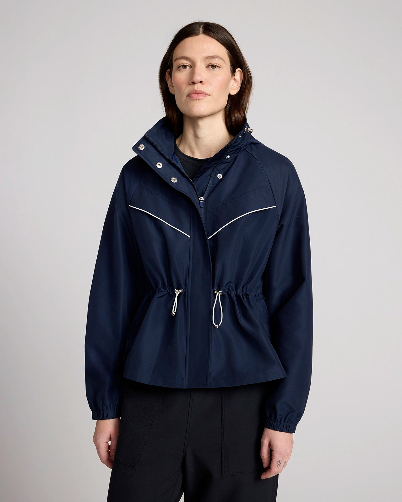 The Travel GRS Certified Recycled Poly Cinched Waist Hooded Jacket - Dress Blues