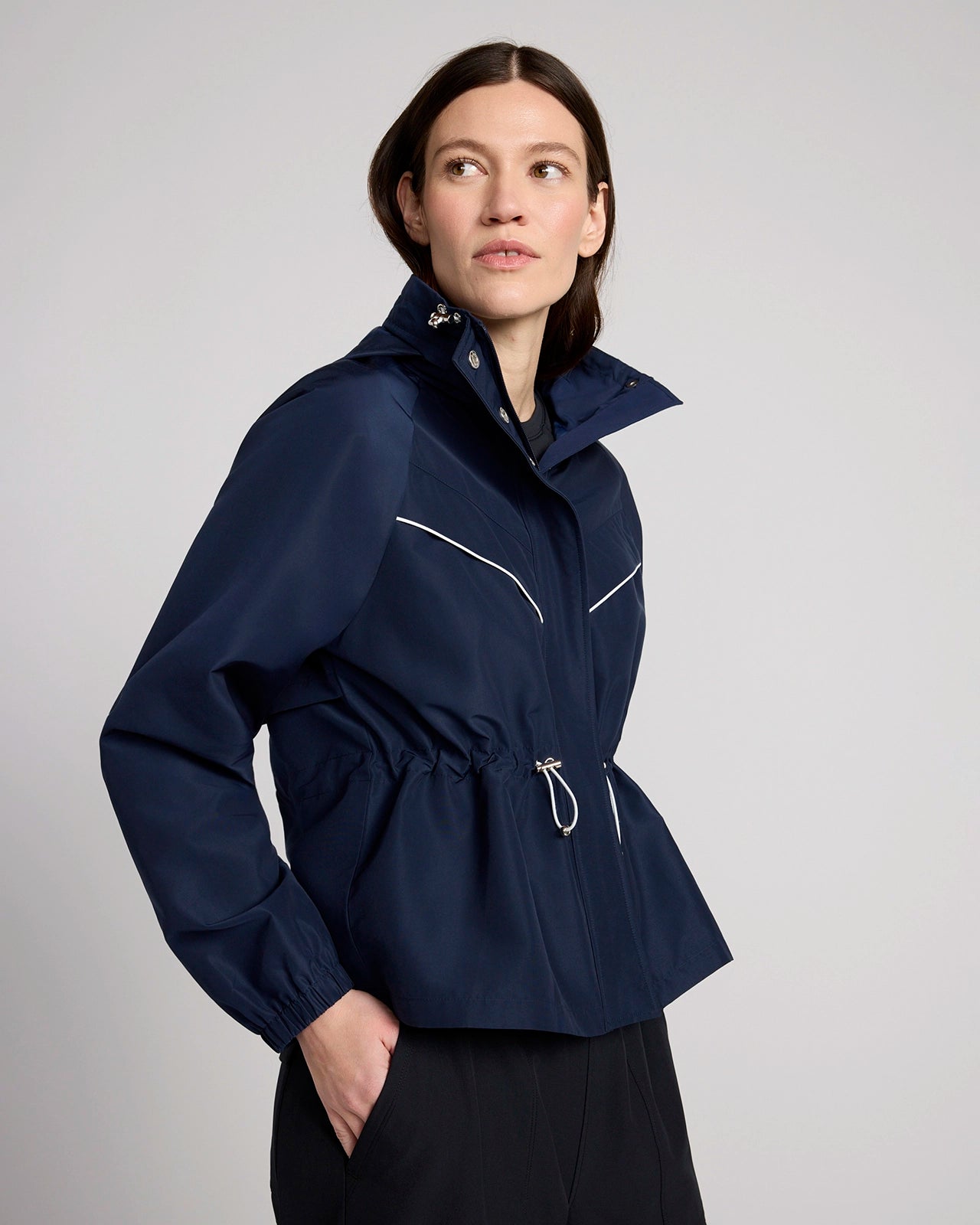 The Travel GRS Certified Recycled Poly Cinched Waist Hooded Jacket - Dress Blues