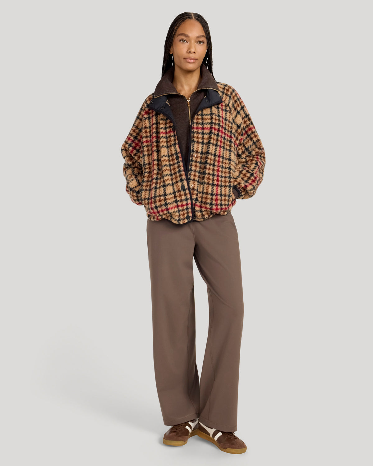 The Soft Luxe Printed Berber Snap Front Jacket - Brown Plaid Print