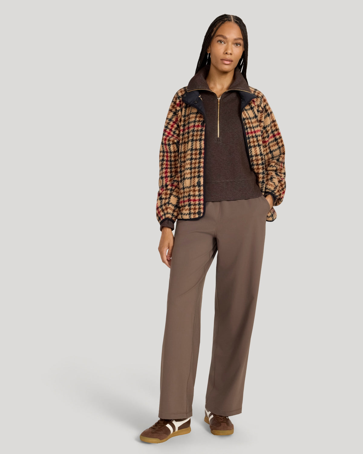 The Soft Luxe Printed Berber Snap Front Jacket - Brown Plaid Print