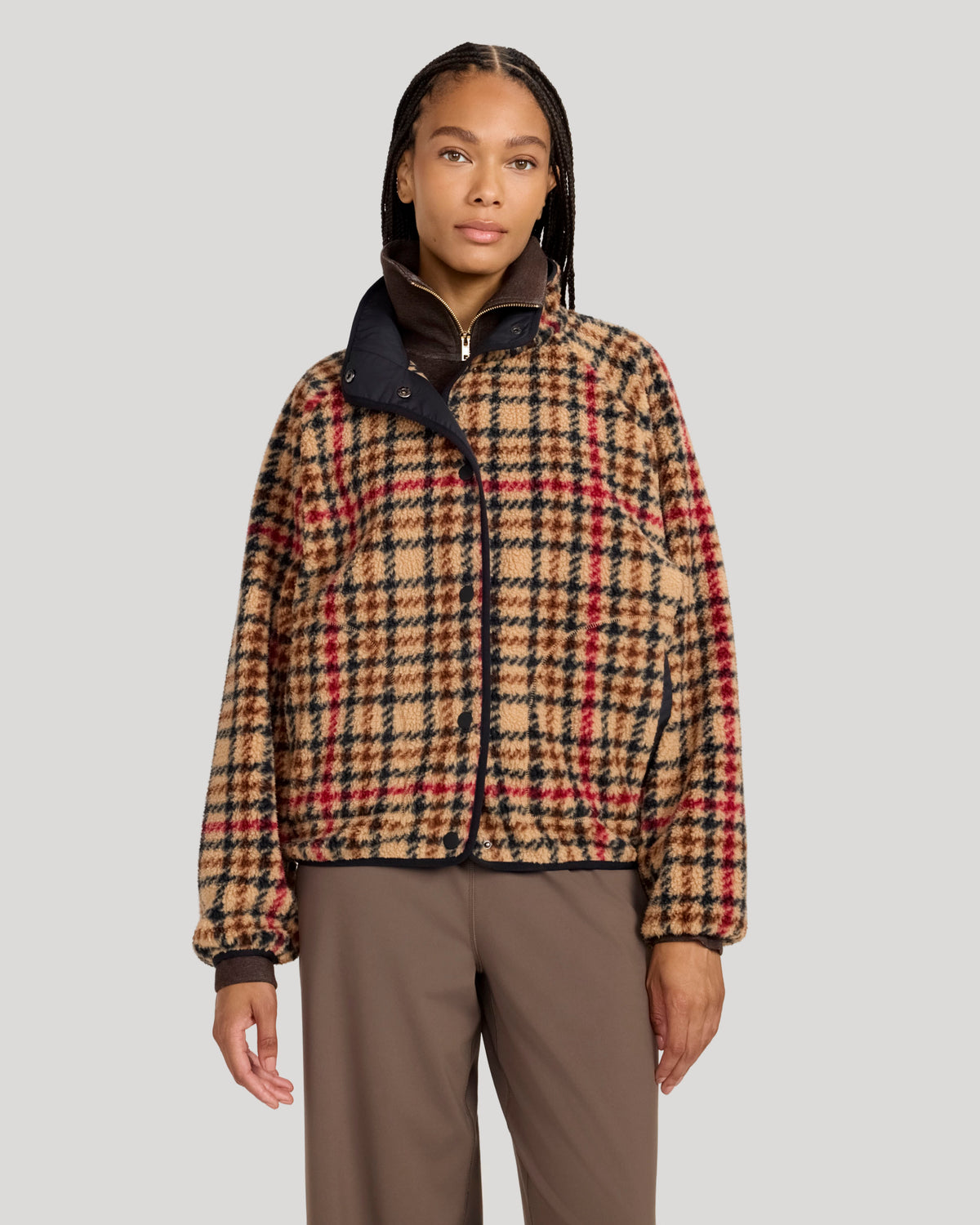 The Soft Luxe Printed Berber Snap Front Jacket - Brown Plaid Print