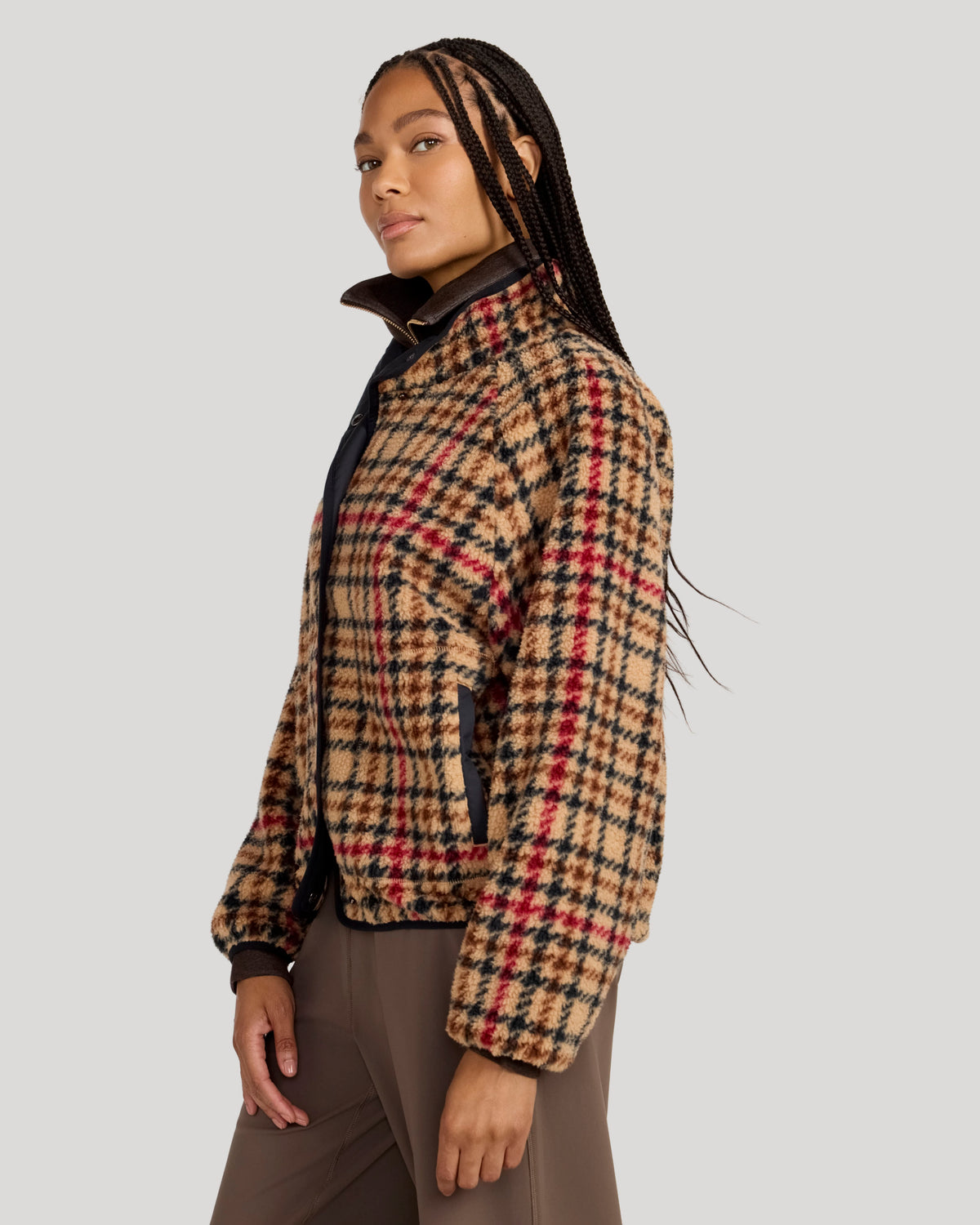 The Soft Luxe Printed Berber Snap Front Jacket - Brown Plaid Print