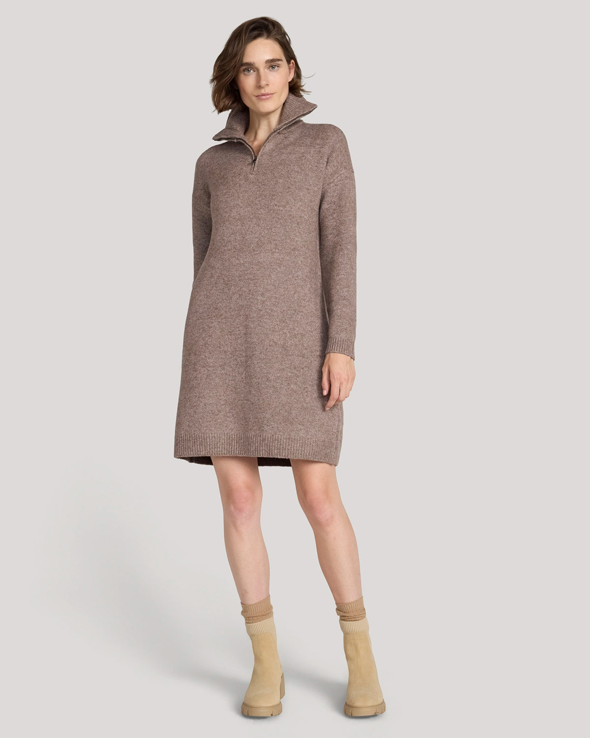 The Soft Luxe Zip Collar Sweater Dress - Htr Cocoa