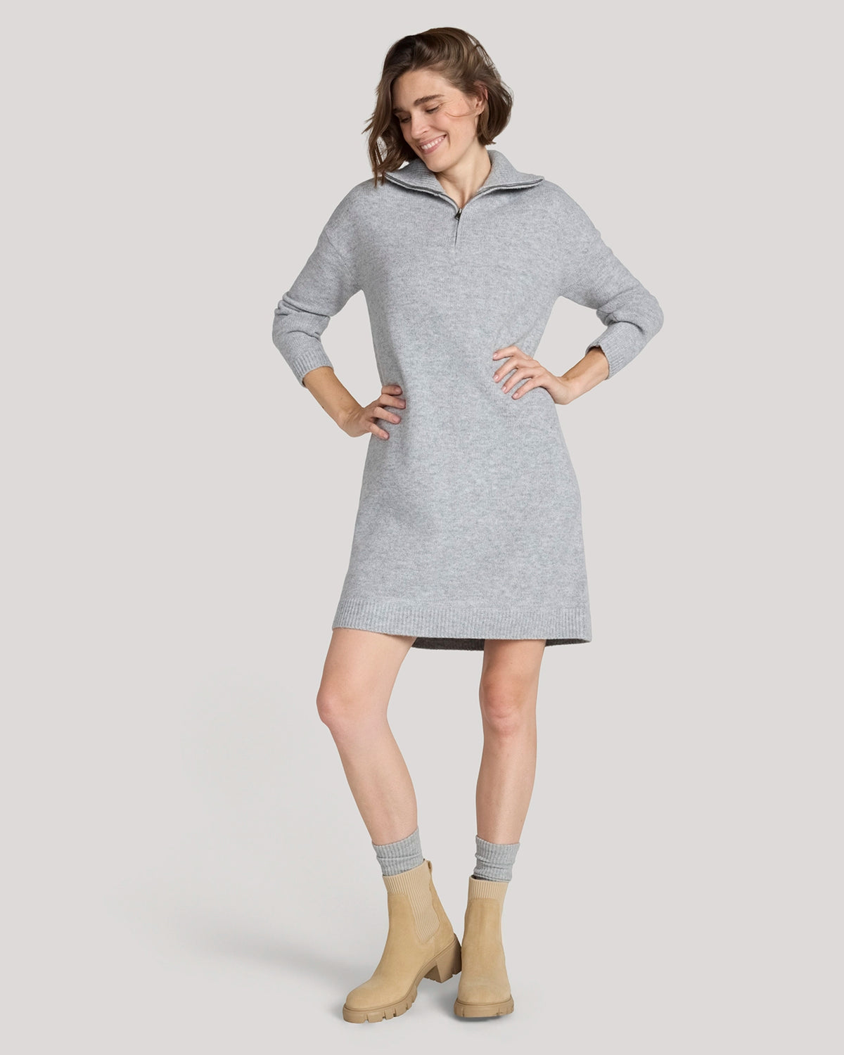 The Soft Luxe Zip Collar Sweater Dress - Light Heather Grey