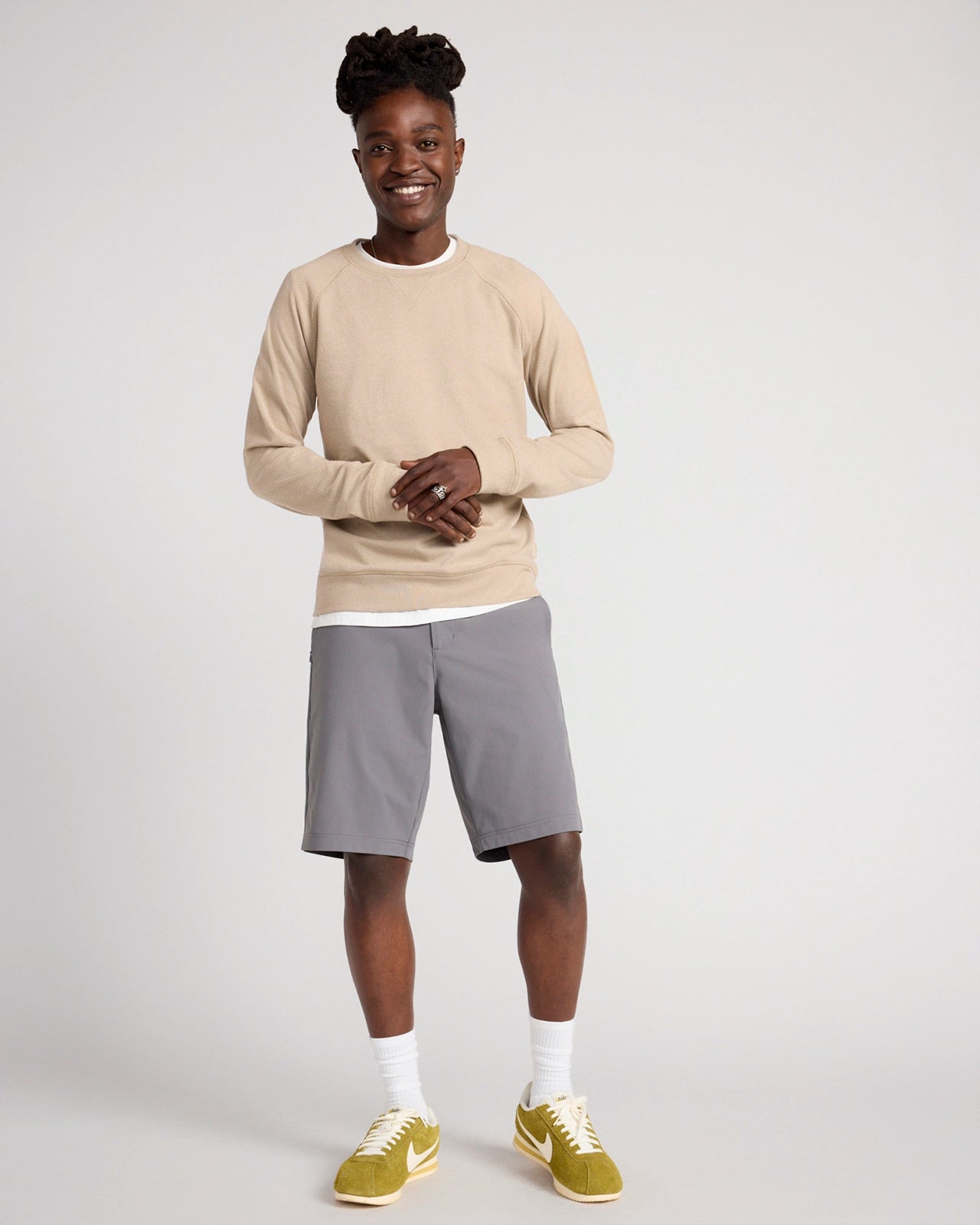 The Soft Luxe GRS Certified Recycled Poly Velour Rib Raglan Crew Sweatshirt - Humus Beige