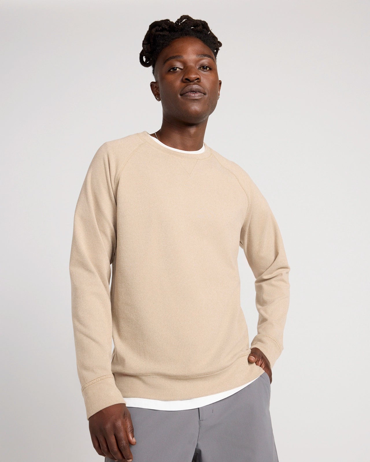The Soft Luxe GRS Certified Recycled Poly Velour Rib Raglan Crew Sweatshirt - Humus Beige